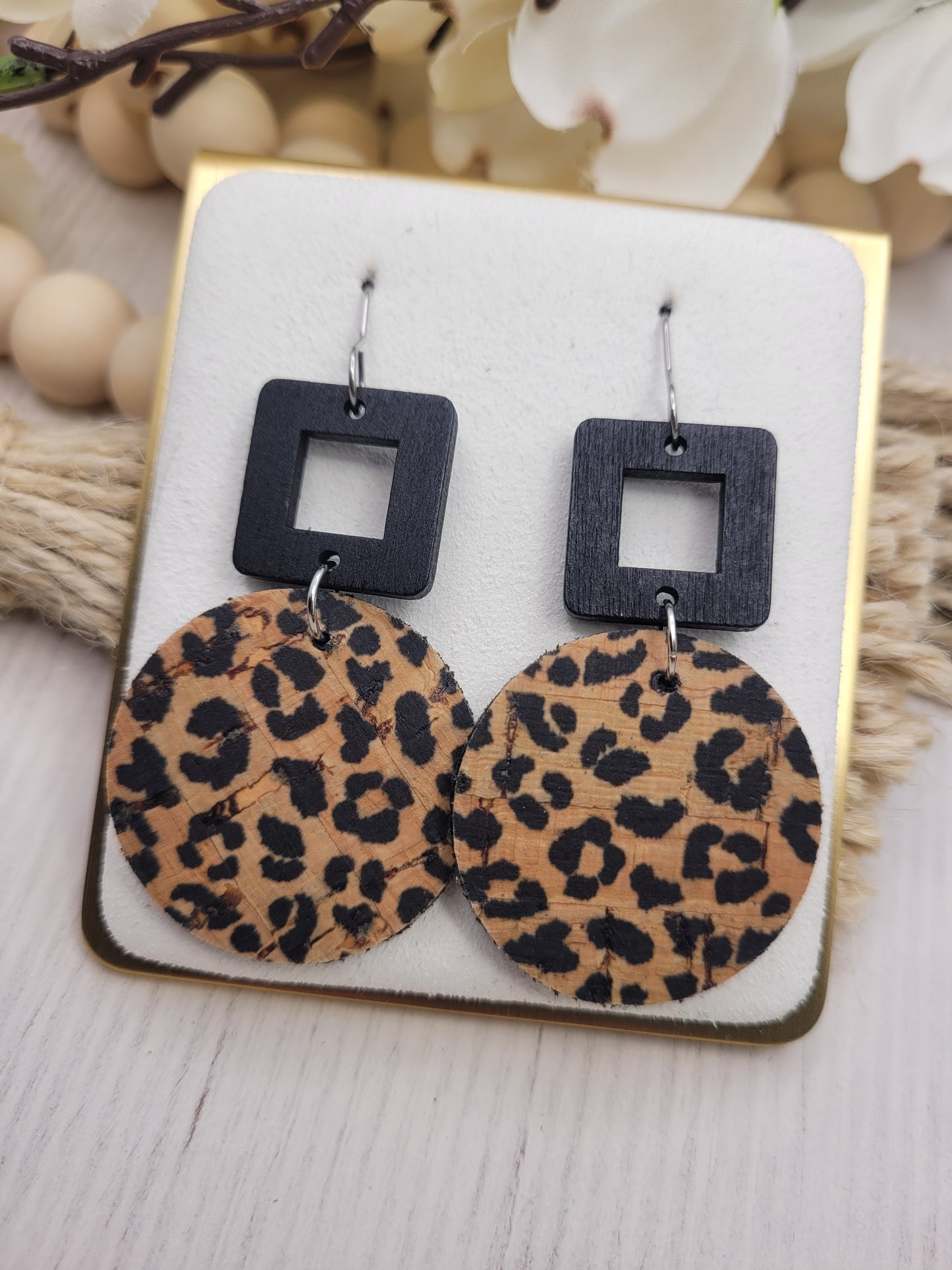 Round Animal Print Cork on Genuine Leather Earrings