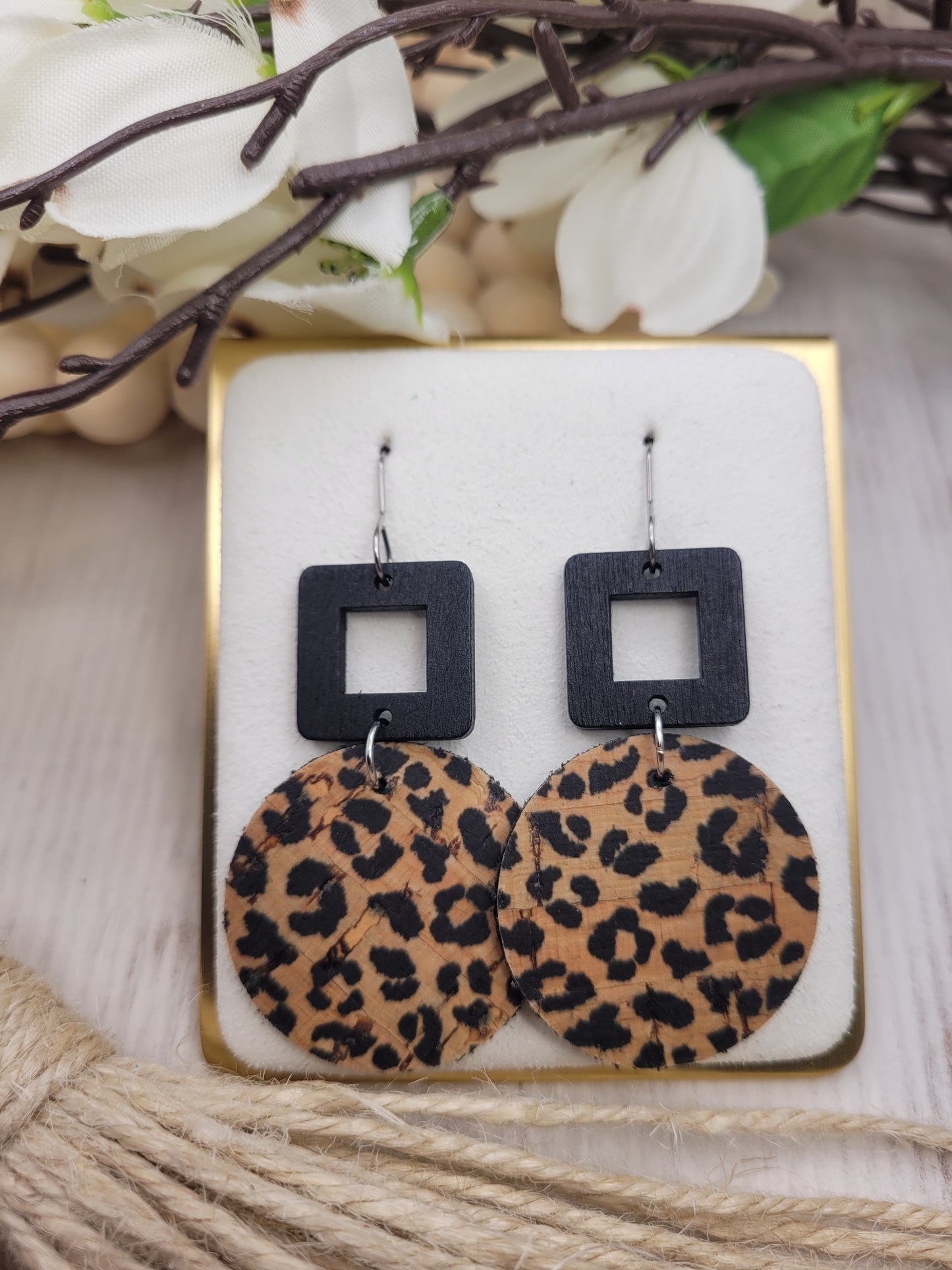 Round Animal Print Cork on Genuine Leather Earrings