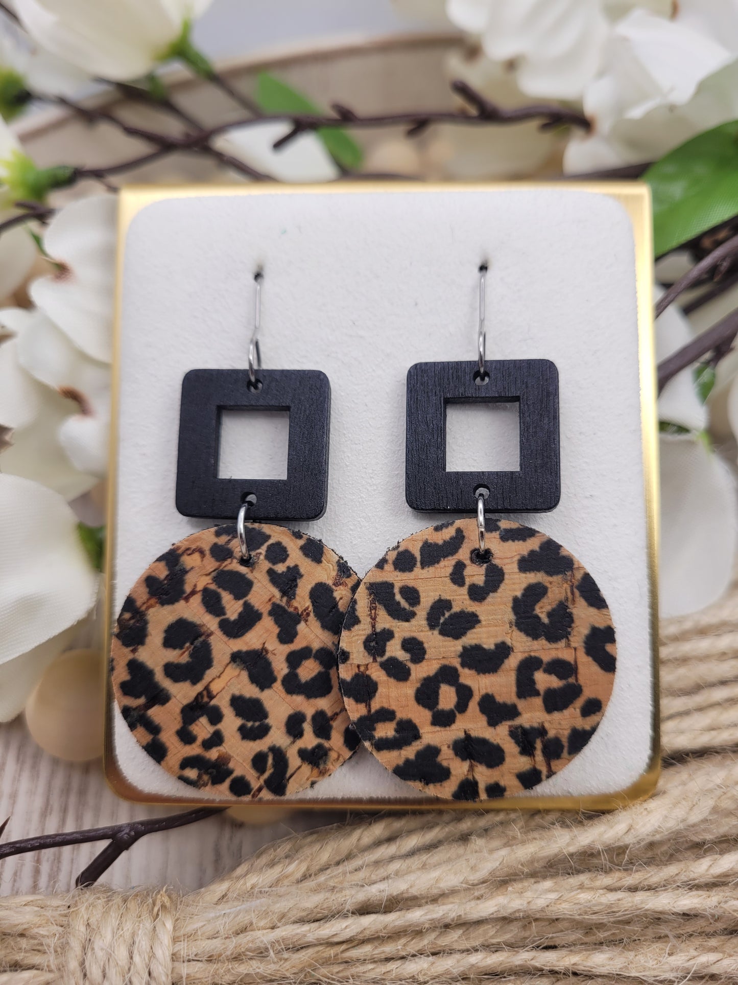 Round Animal Print Cork on Genuine Leather Earrings