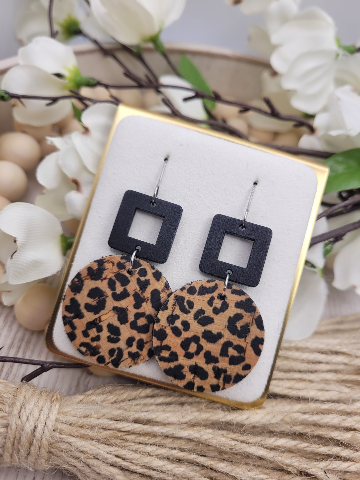 Round Animal Print Cork on Genuine Leather Earrings