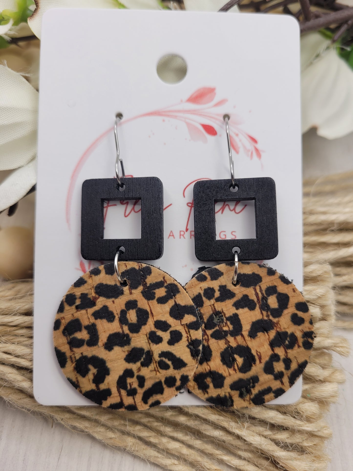 Round Animal Print Cork on Genuine Leather Earrings