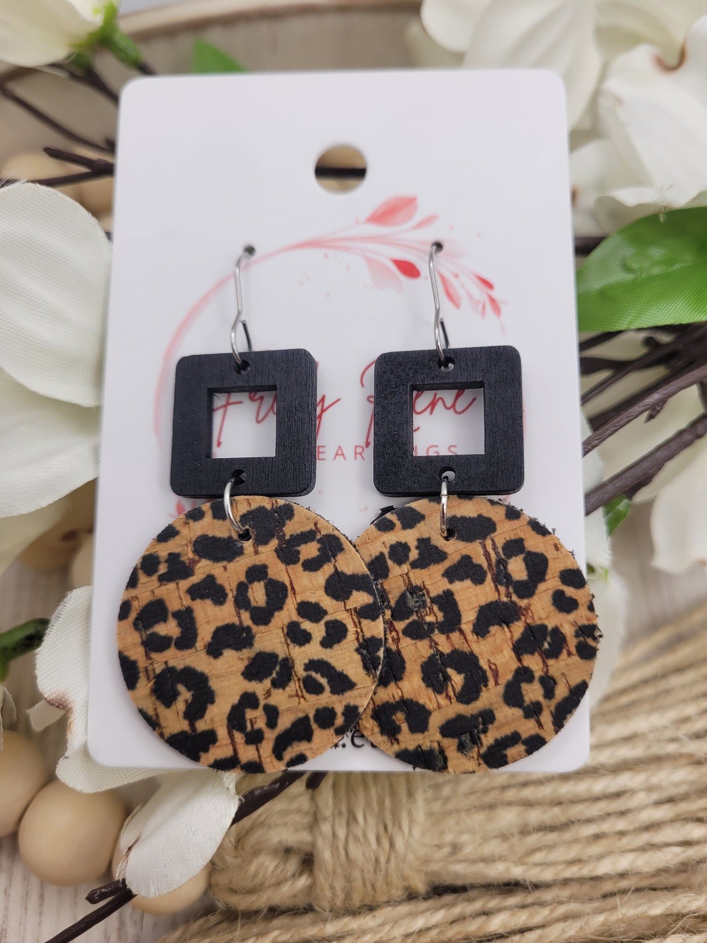 Round Animal Print Cork on Genuine Leather Earrings