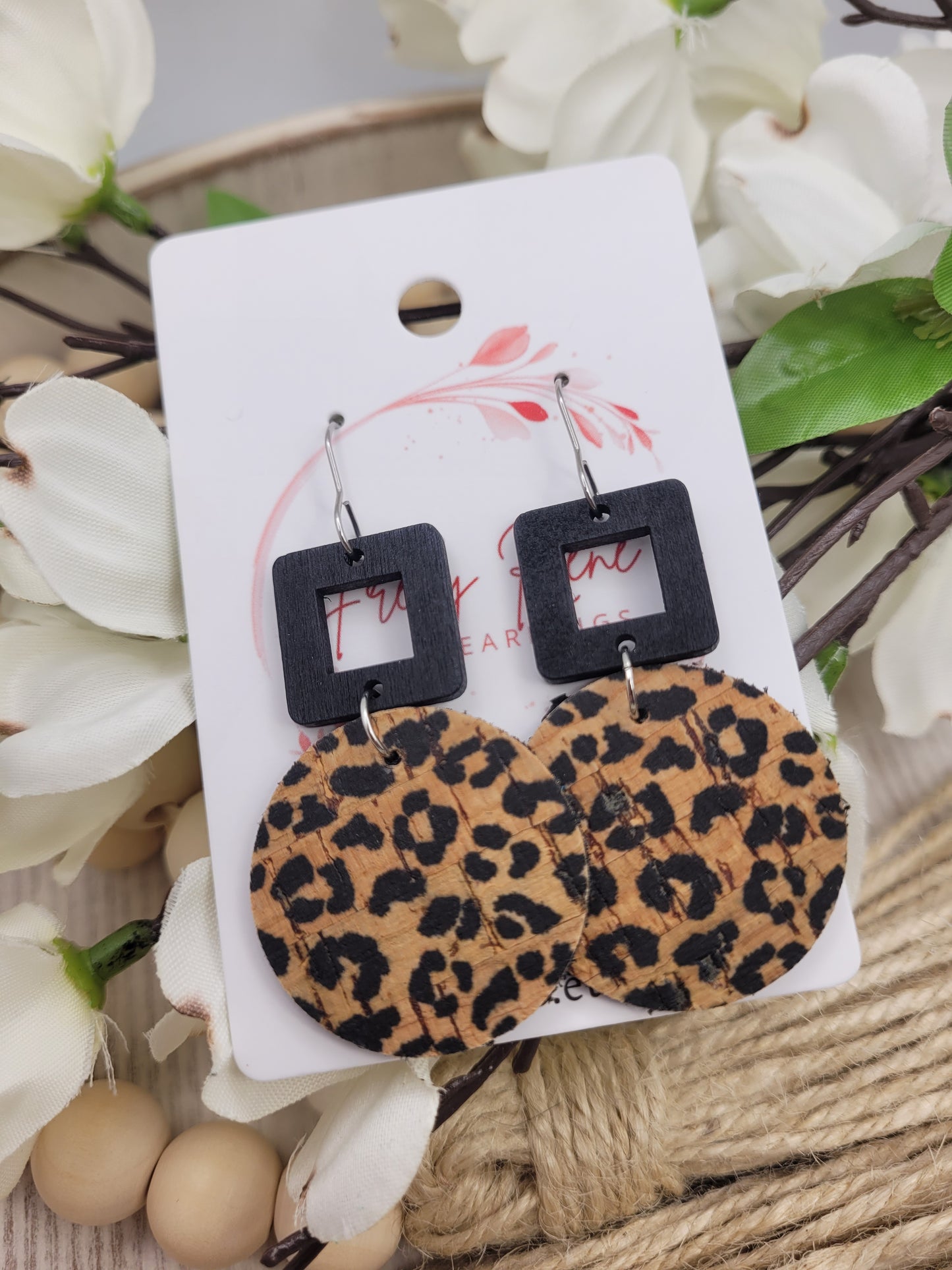 Round Animal Print Cork on Genuine Leather Earrings