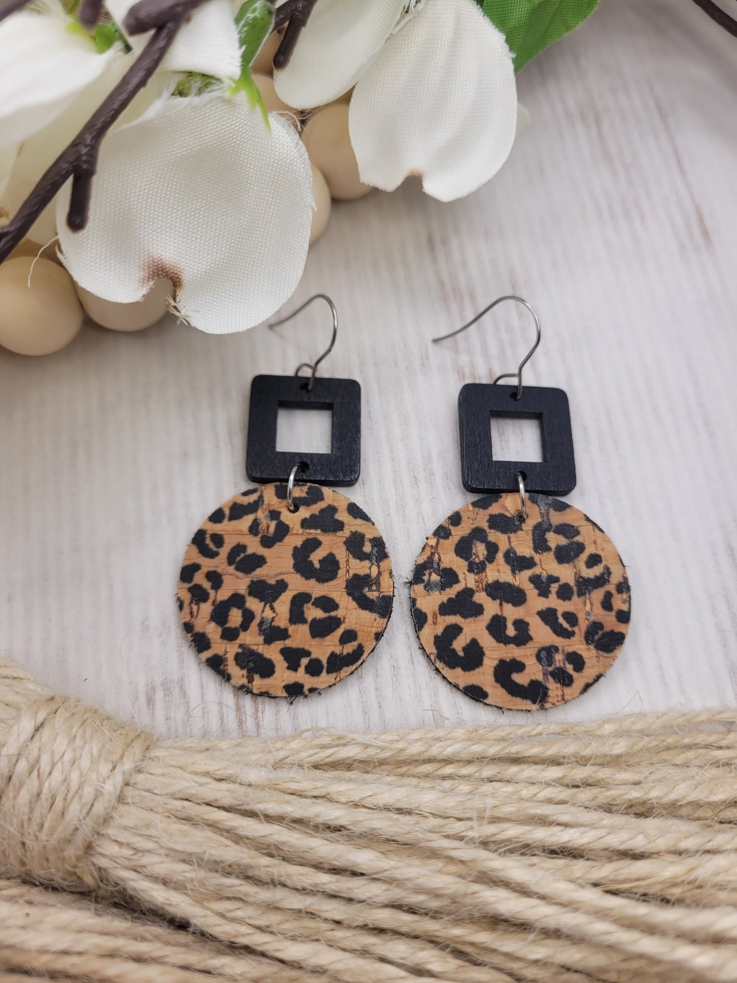 Round Animal Print Cork on Genuine Leather Earrings