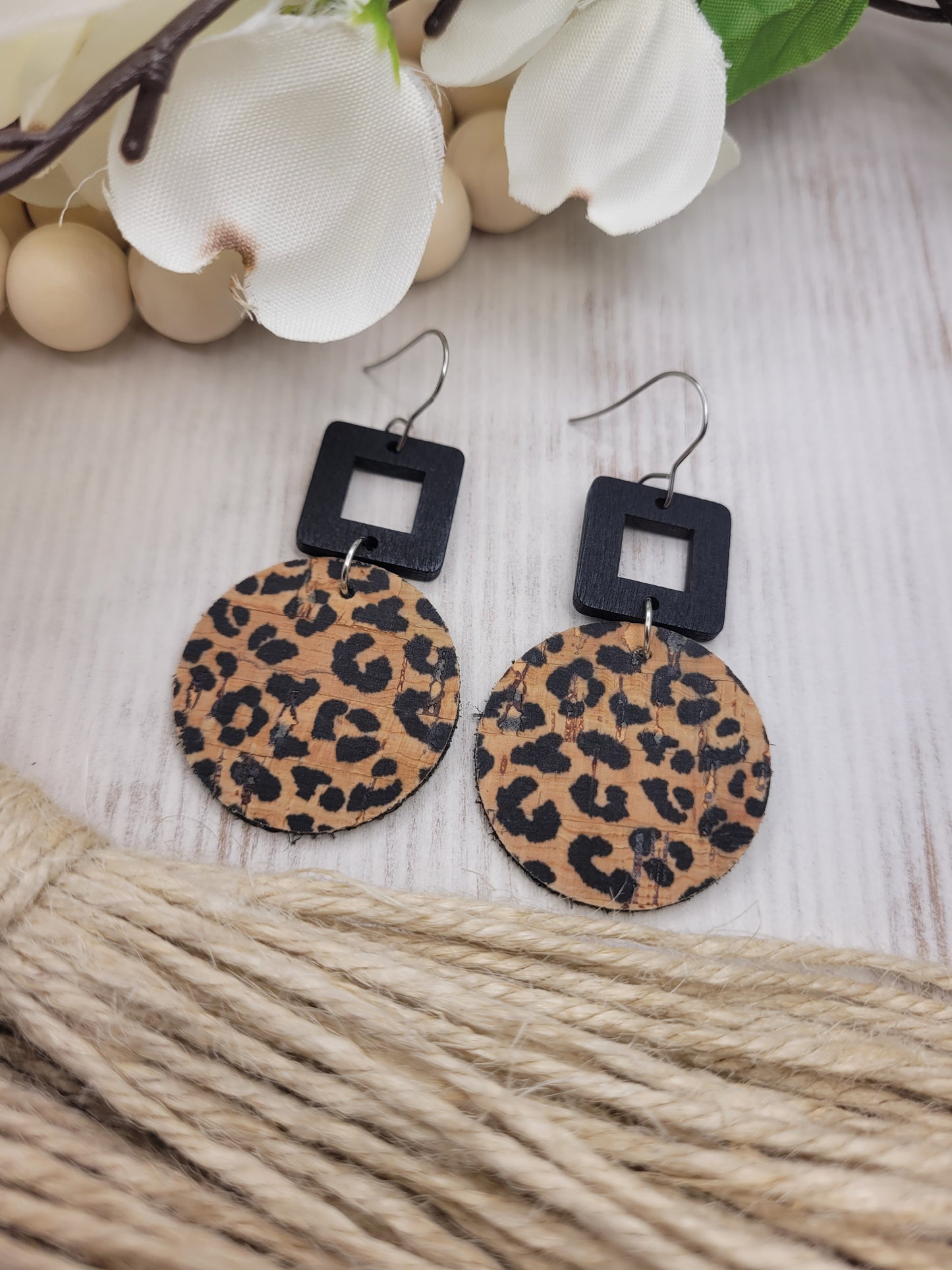 Round Animal Print Cork on Genuine Leather Earrings