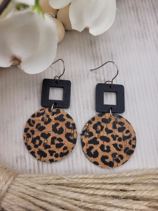 Round Animal Print Cork on Genuine Leather Earrings