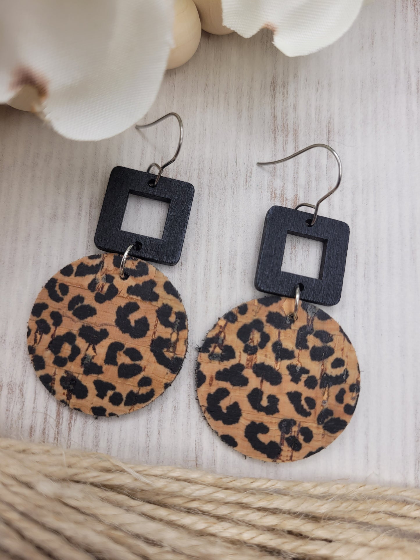 Round Animal Print Cork on Genuine Leather Earrings