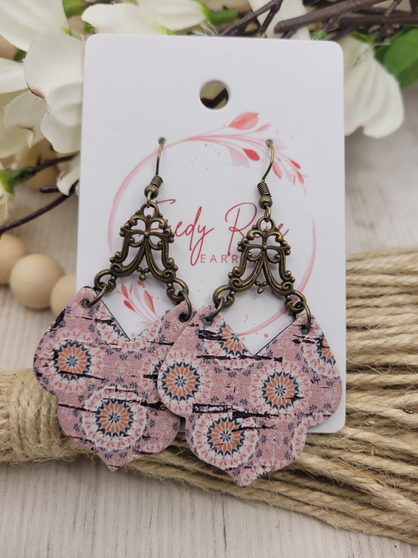 Shabby Chic Peachy-Pink Cork on Genuine Leather Earrings