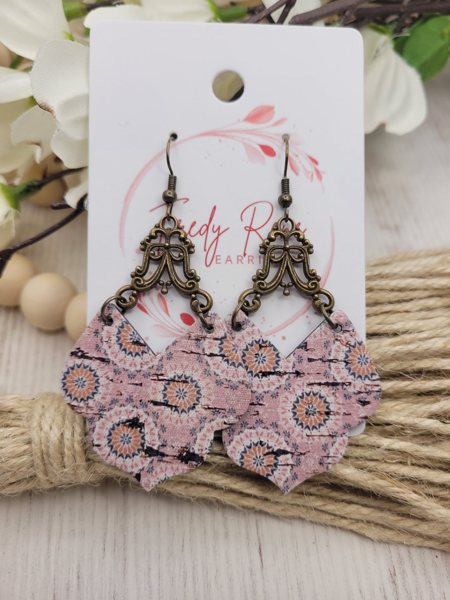 Shabby Chic Peachy-Pink Cork on Genuine Leather Earrings