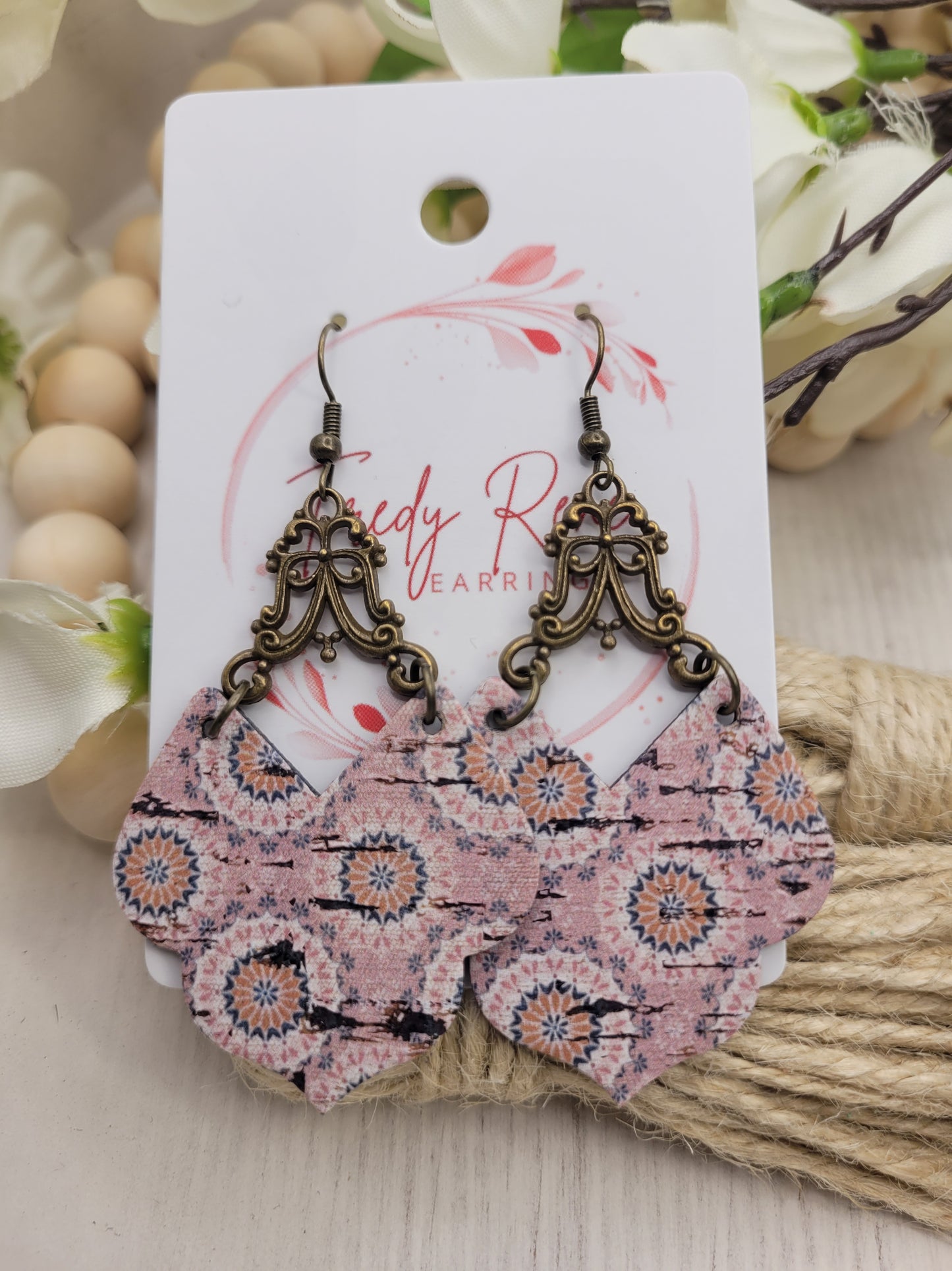 Shabby Chic Peachy-Pink Cork on Genuine Leather Earrings