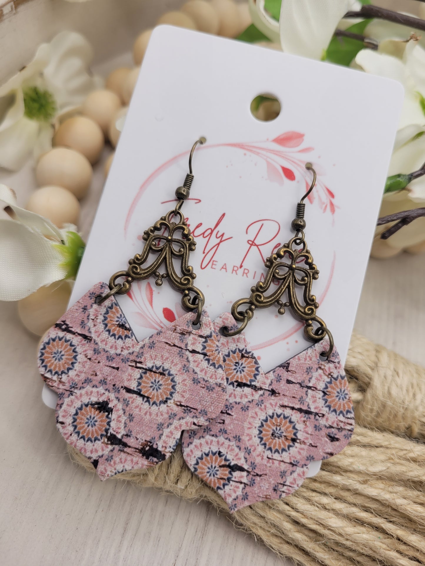 Shabby Chic Peachy-Pink Cork on Genuine Leather Earrings