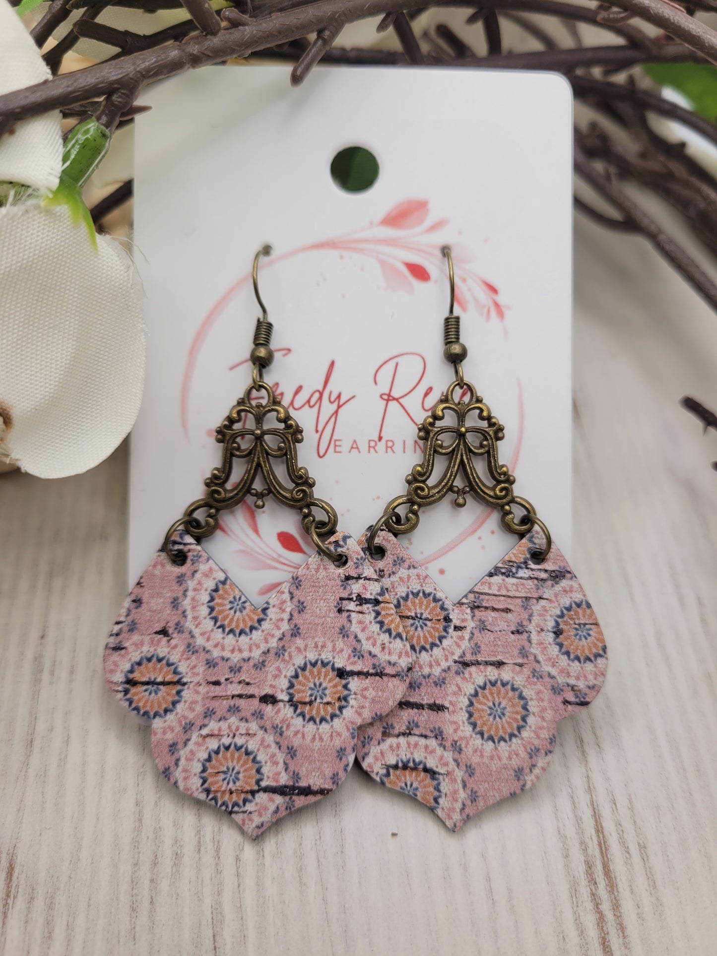 Shabby Chic Peachy-Pink Cork on Genuine Leather Earrings