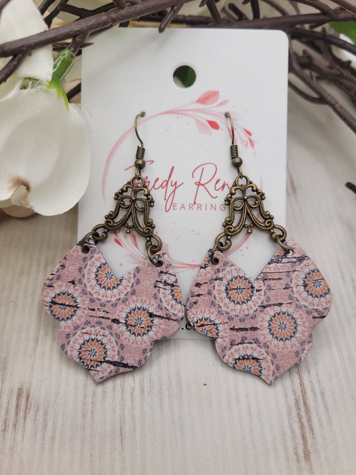 Shabby Chic Peachy-Pink Cork on Genuine Leather Earrings