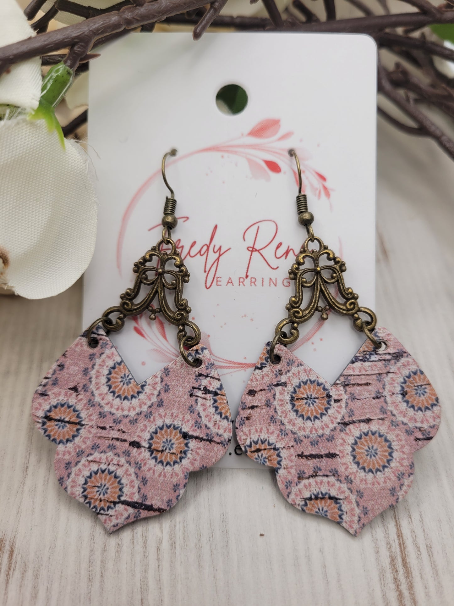 Shabby Chic Peachy-Pink Cork on Genuine Leather Earrings