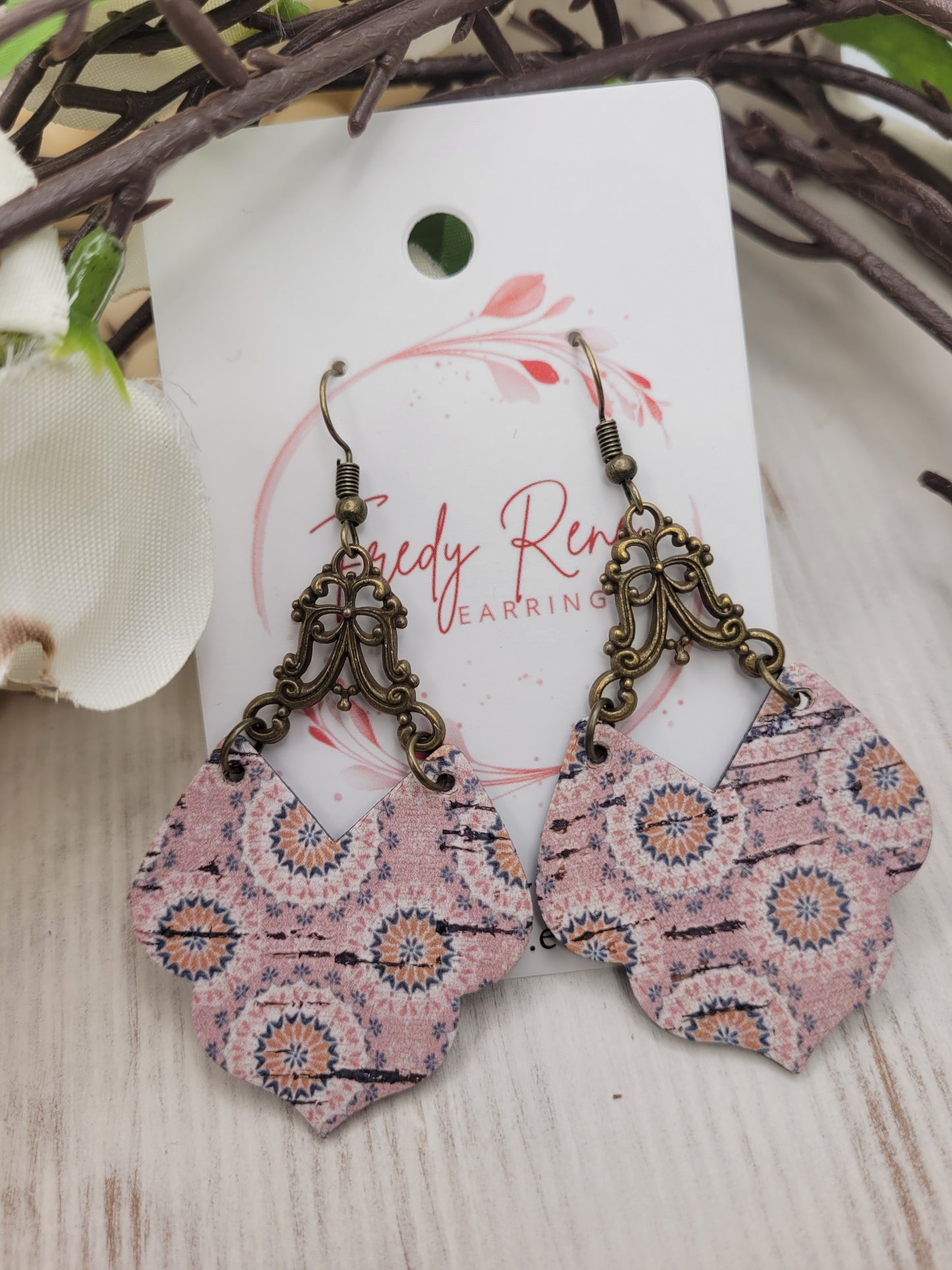 Shabby Chic Peachy-Pink Cork on Genuine Leather Earrings