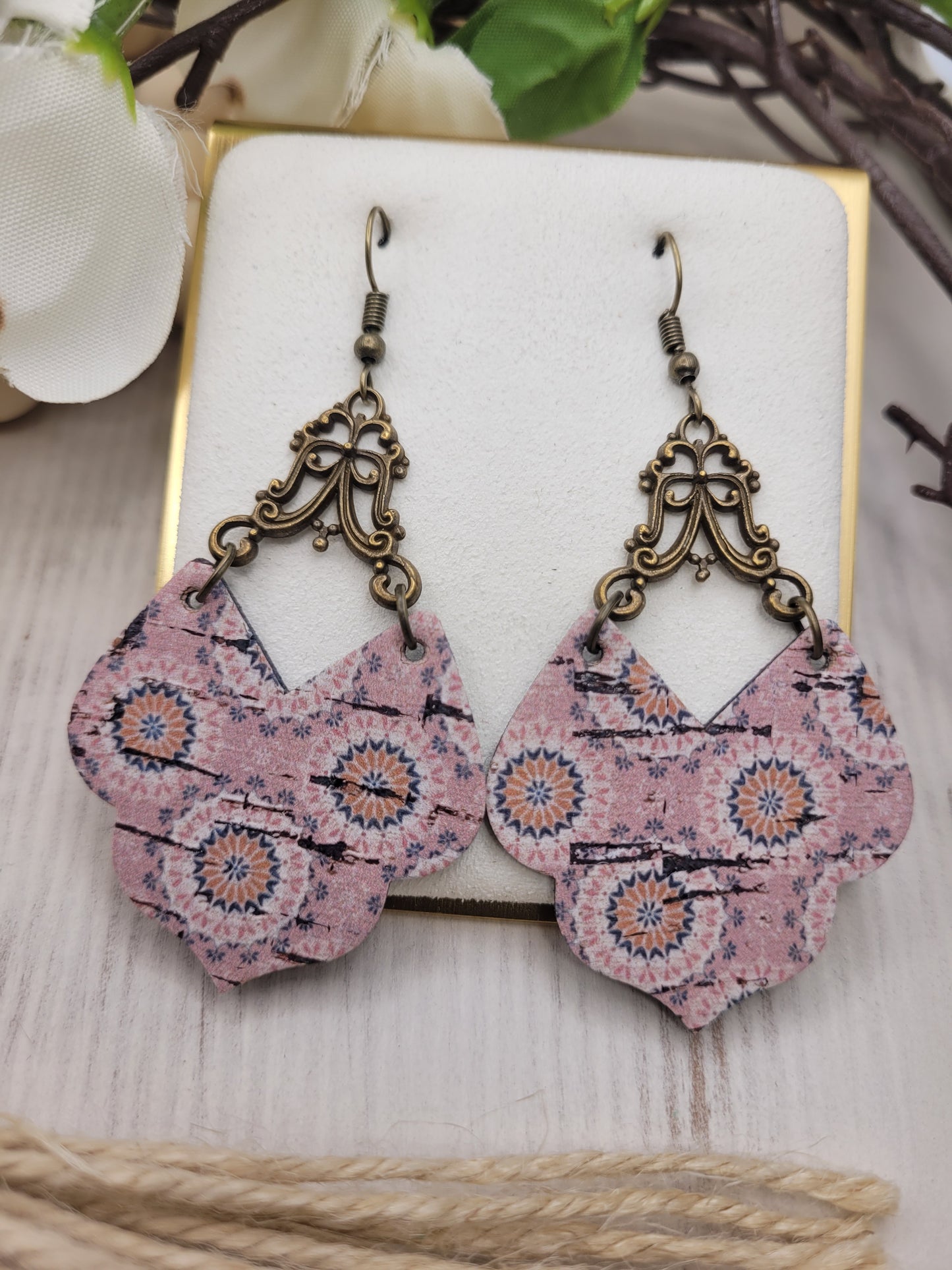 Shabby Chic Peachy-Pink Cork on Genuine Leather Earrings