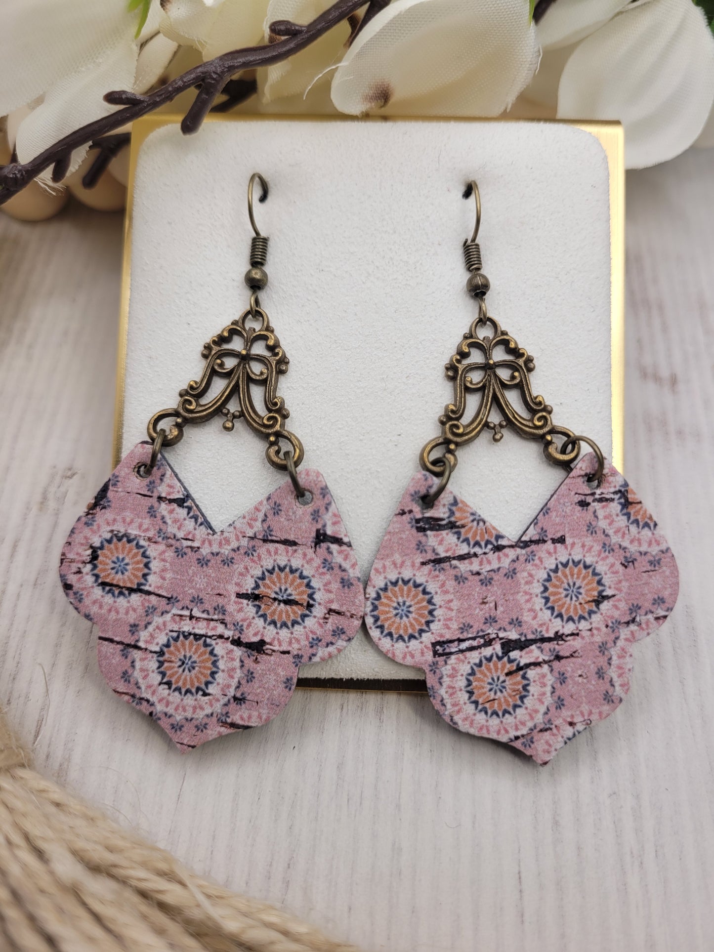 Shabby Chic Peachy-Pink Cork on Genuine Leather Earrings