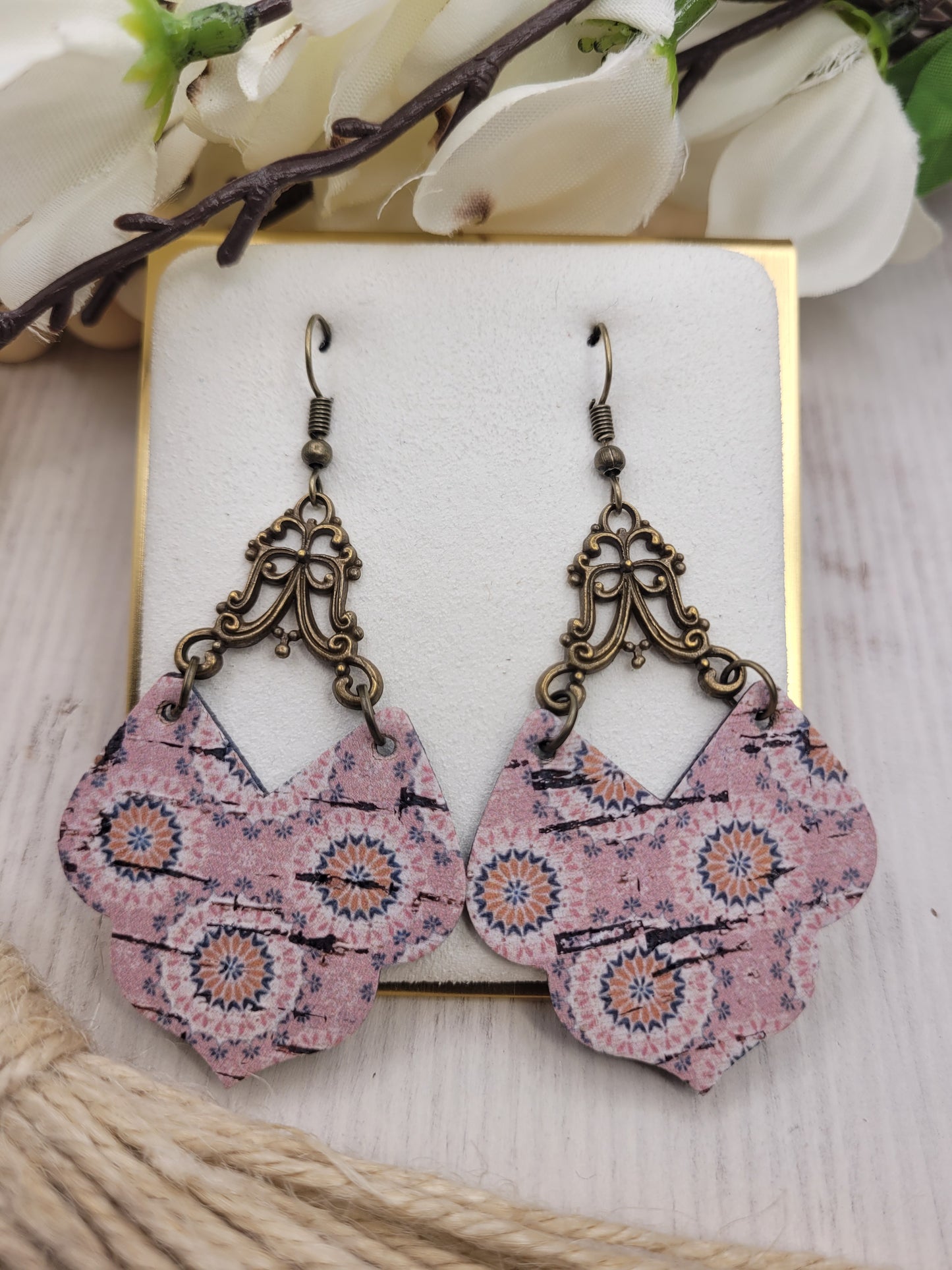 Shabby Chic Peachy-Pink Cork on Genuine Leather Earrings