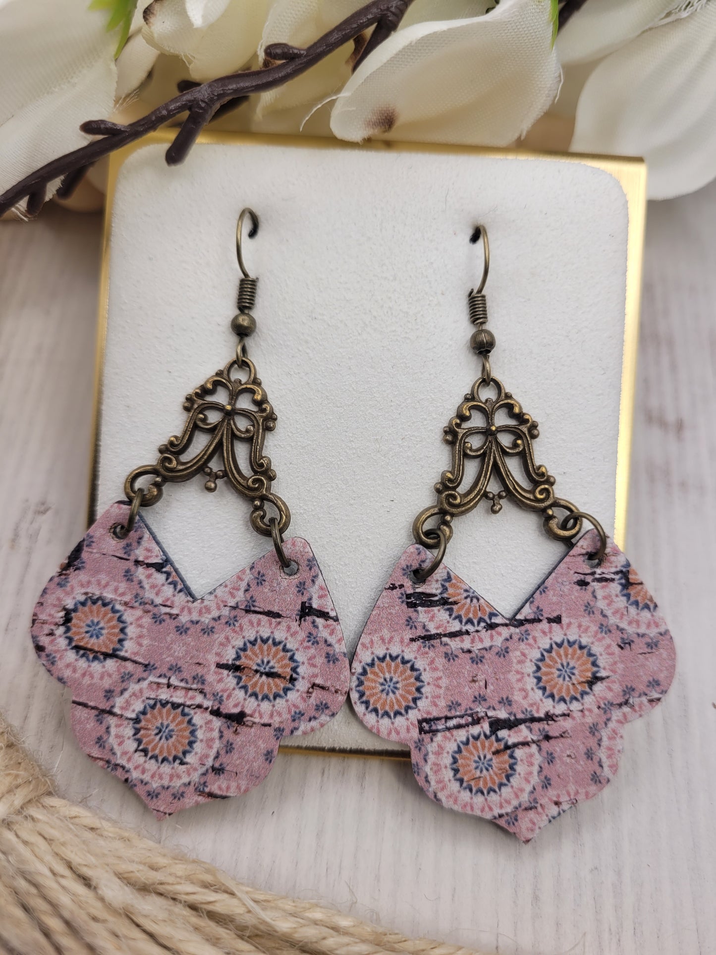 Shabby Chic Peachy-Pink Cork on Genuine Leather Earrings