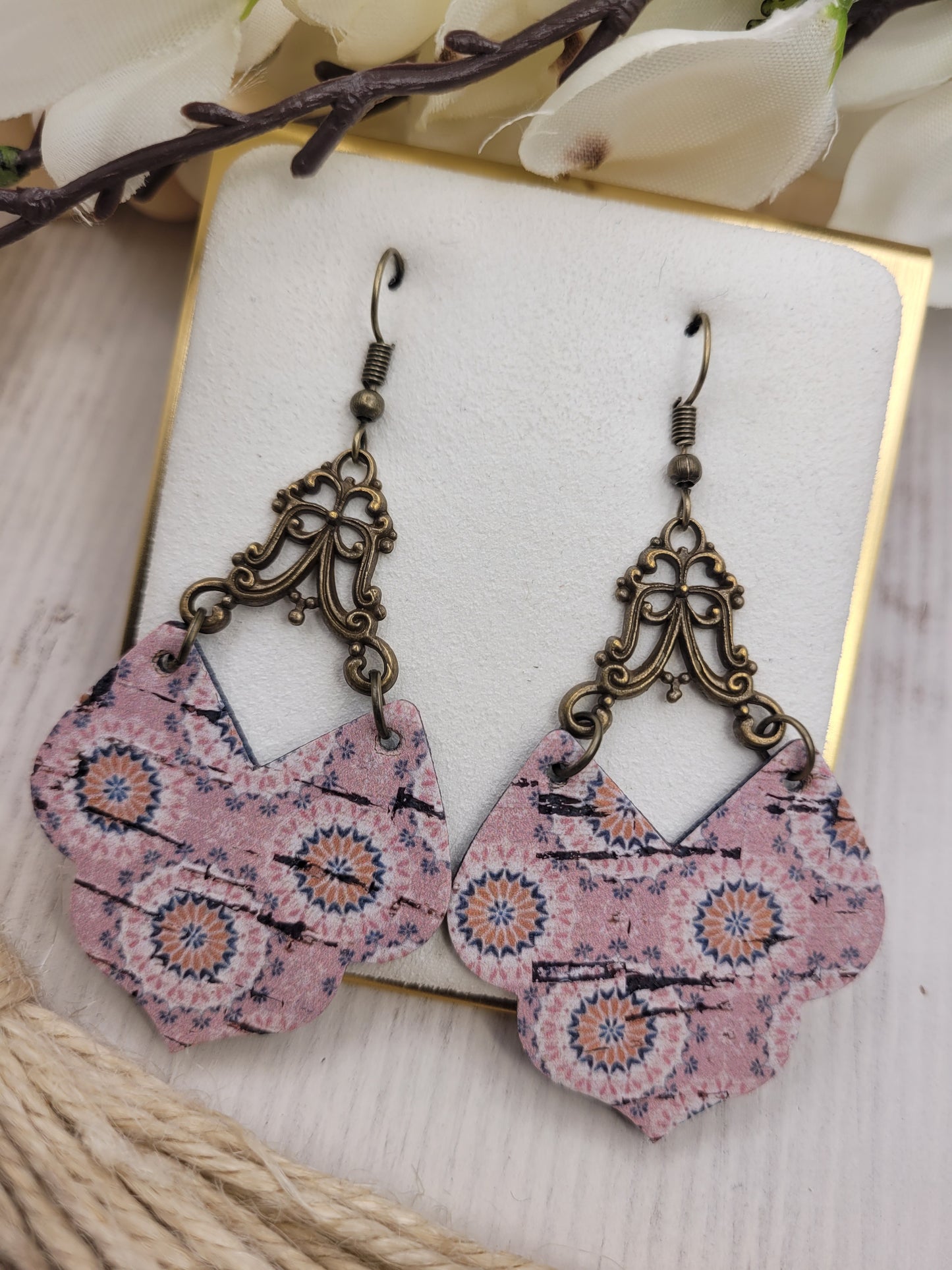 Shabby Chic Peachy-Pink Cork on Genuine Leather Earrings