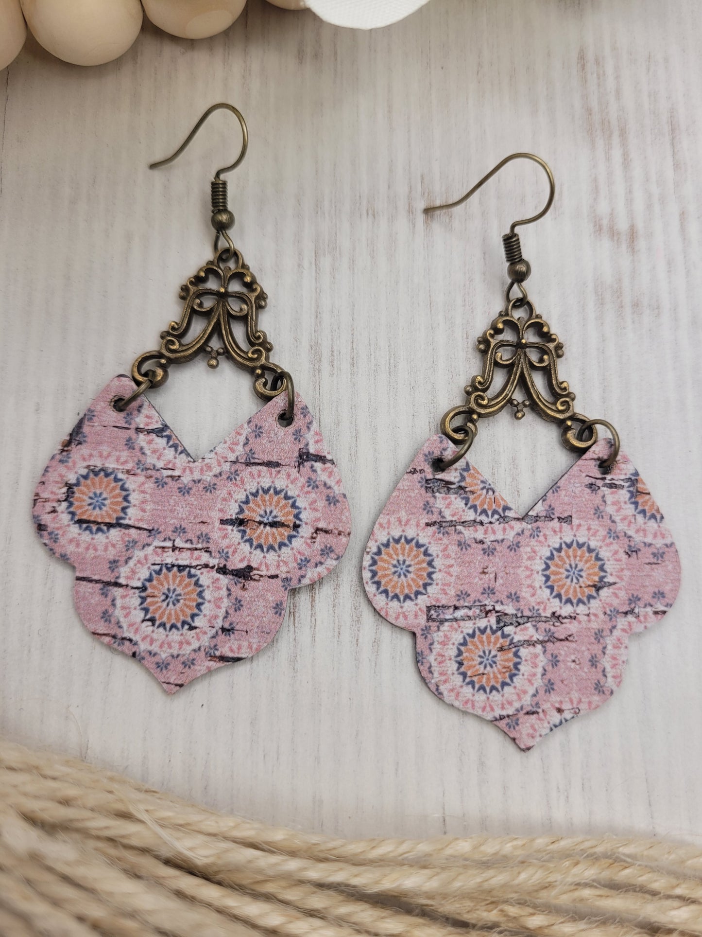 Shabby Chic Peachy-Pink Cork on Genuine Leather Earrings