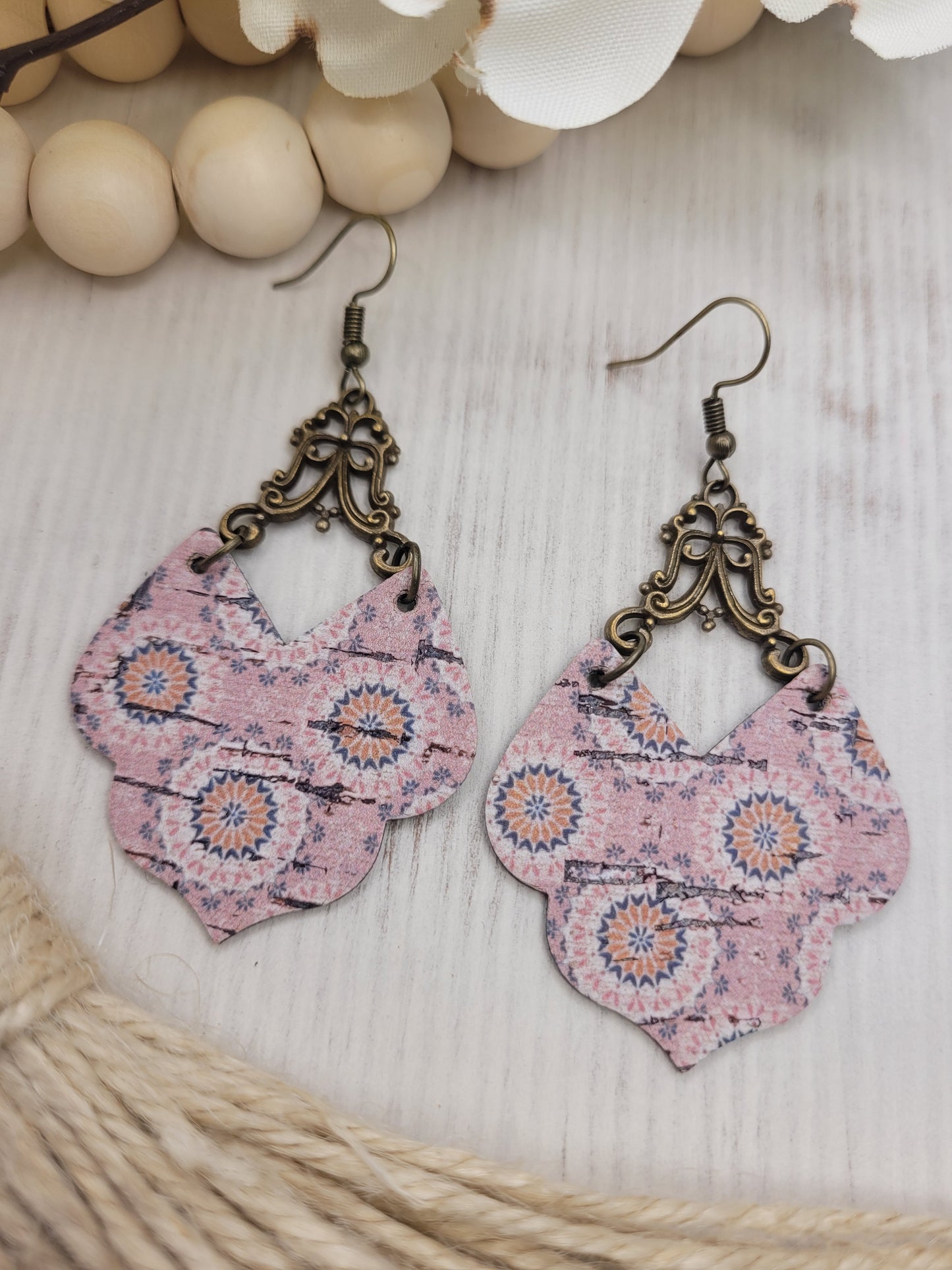 Shabby Chic Peachy-Pink Cork on Genuine Leather Earrings