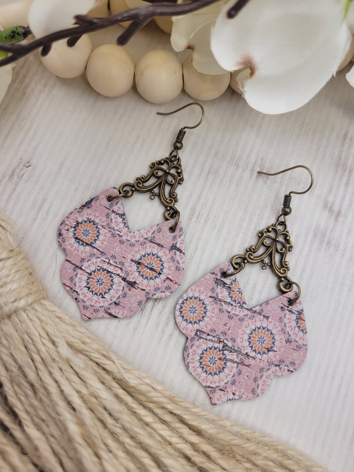 Shabby Chic Peachy-Pink Cork on Genuine Leather Earrings