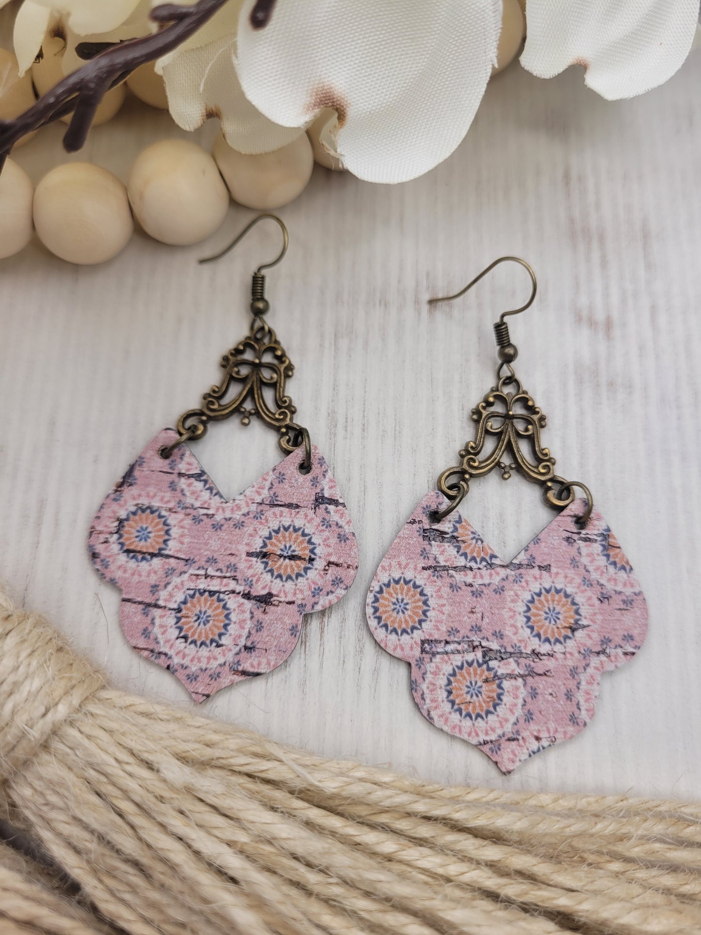 Shabby Chic Peachy-Pink Cork on Genuine Leather Earrings