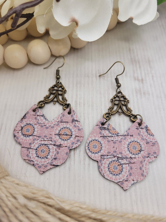 Shabby Chic Peachy-Pink Cork on Genuine Leather Earrings