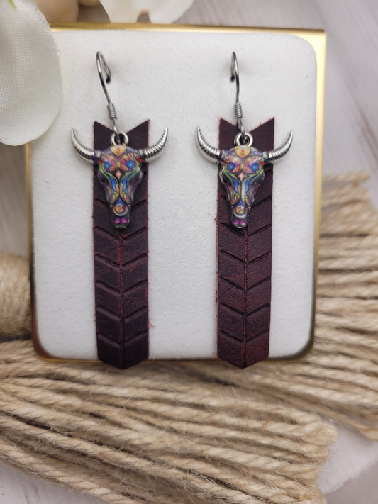 Genuine Leather Colorful Bull Skull Embossed Chevron Bar Earrings