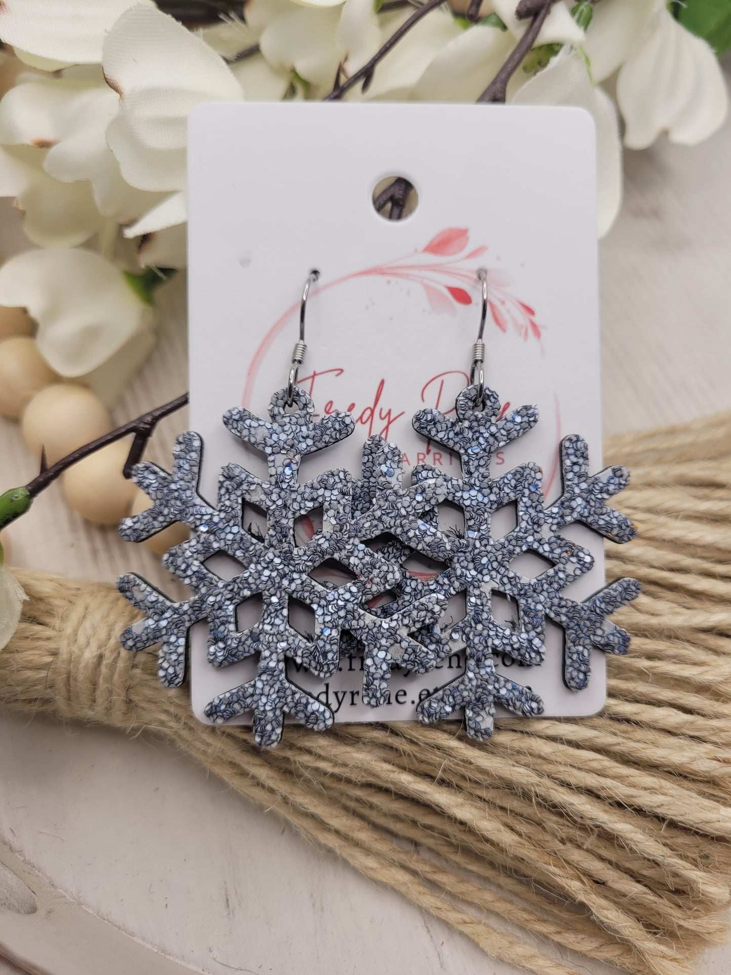 Glitter Snowflake Earrings backed with Genuine Leather