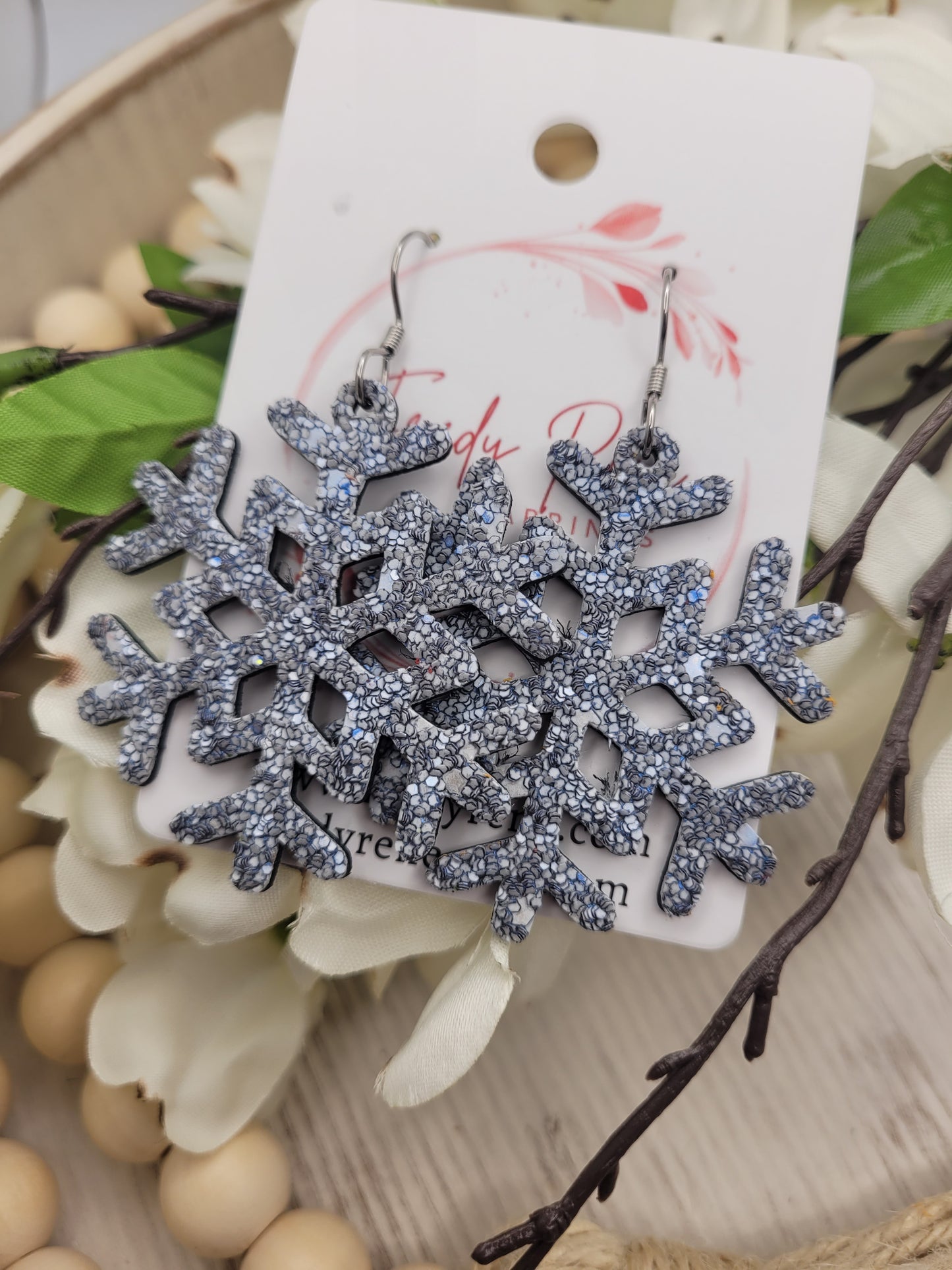 Glitter Snowflake Earrings backed with Genuine Leather