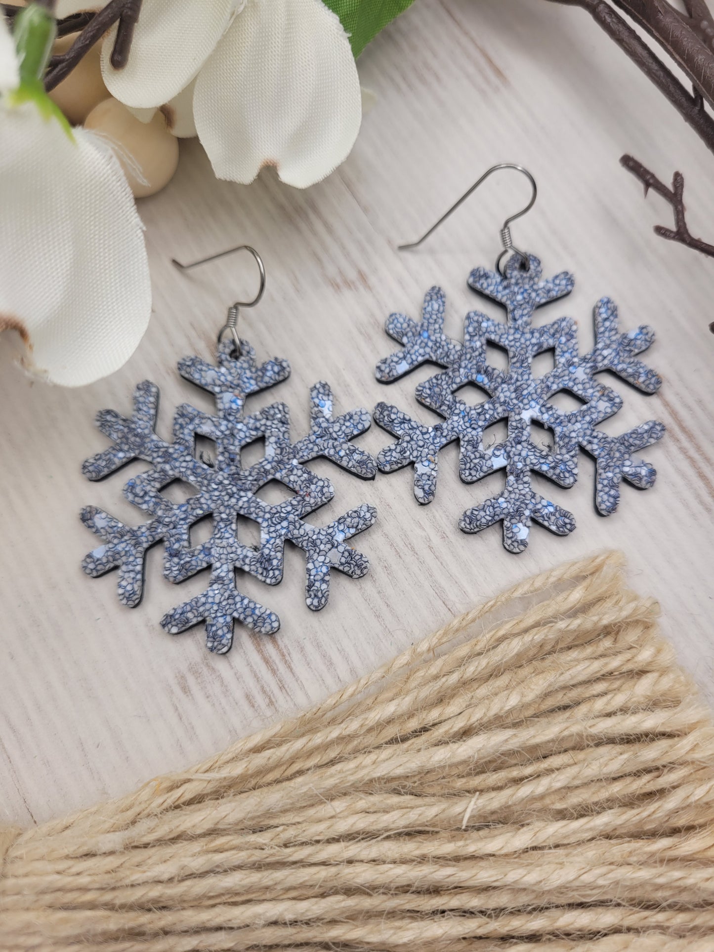 Glitter Snowflake Earrings backed with Genuine Leather