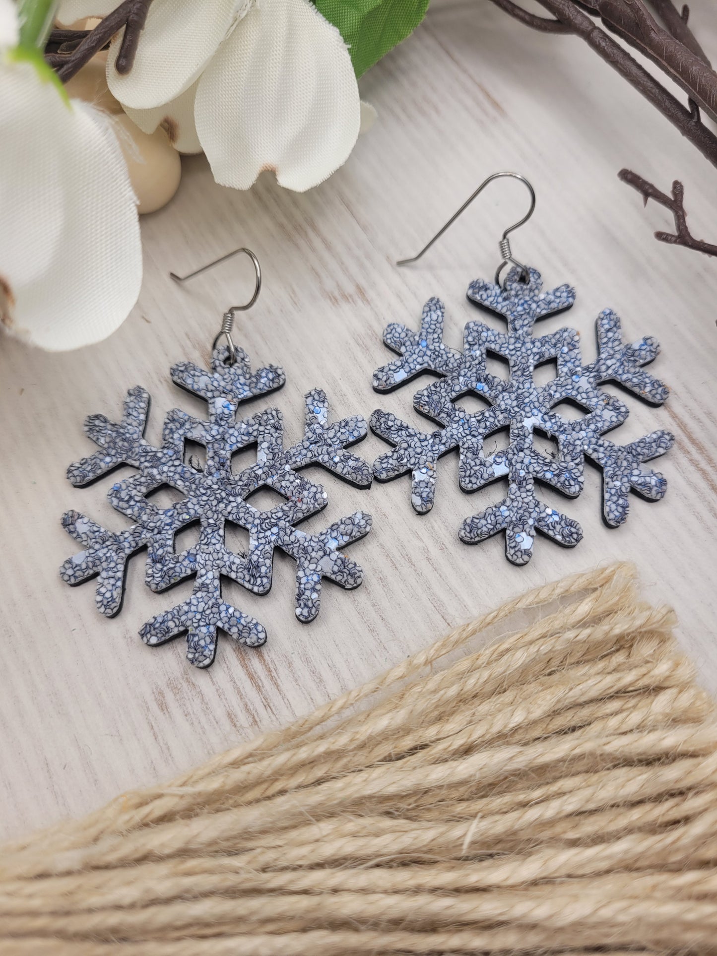 Glitter Snowflake Earrings backed with Genuine Leather