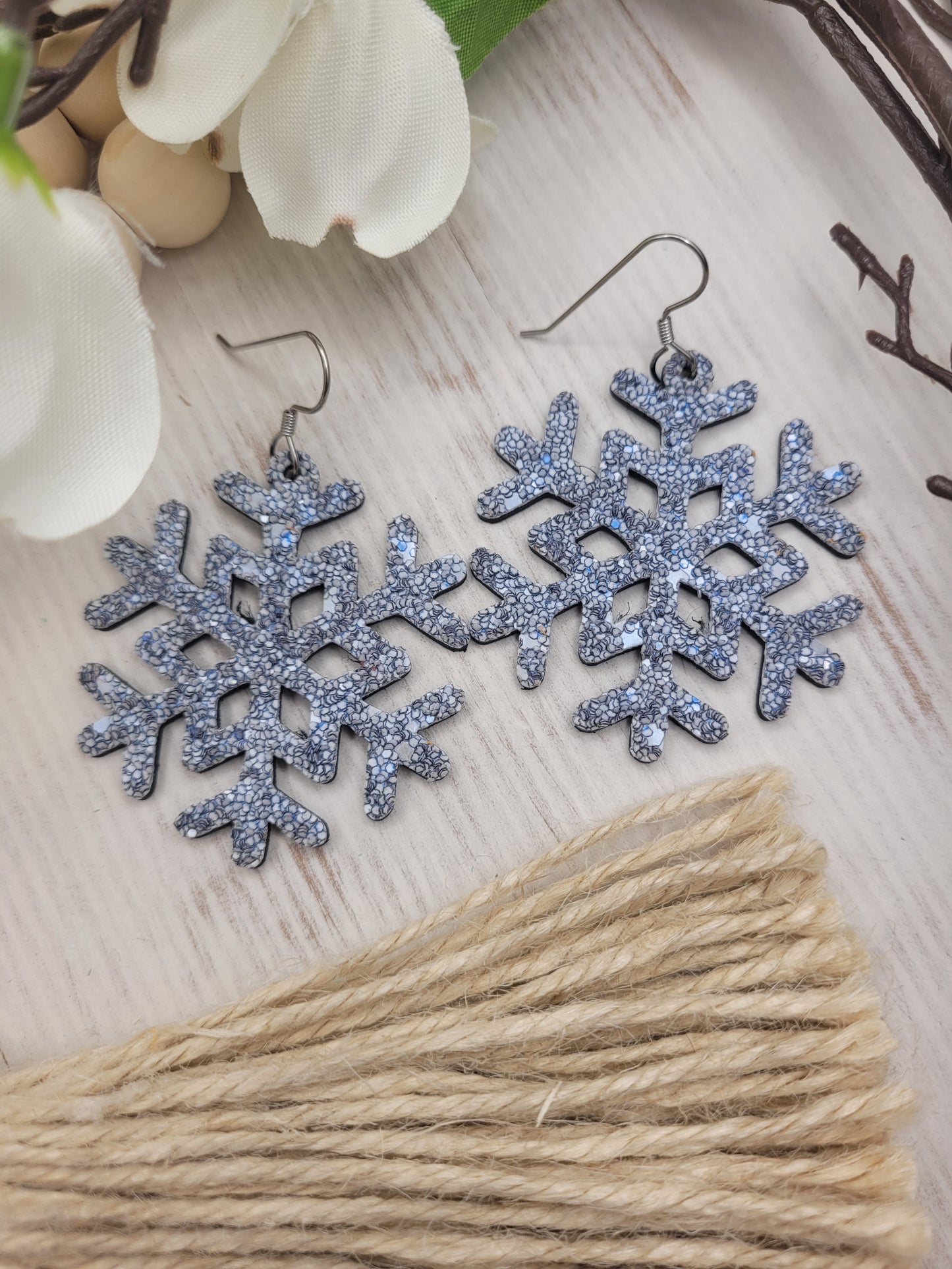 Glitter Snowflake Earrings backed with Genuine Leather