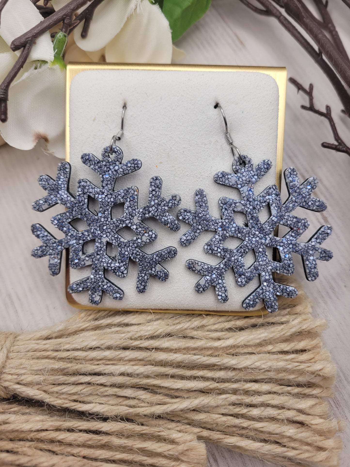 Glitter Snowflake Earrings backed with Genuine Leather