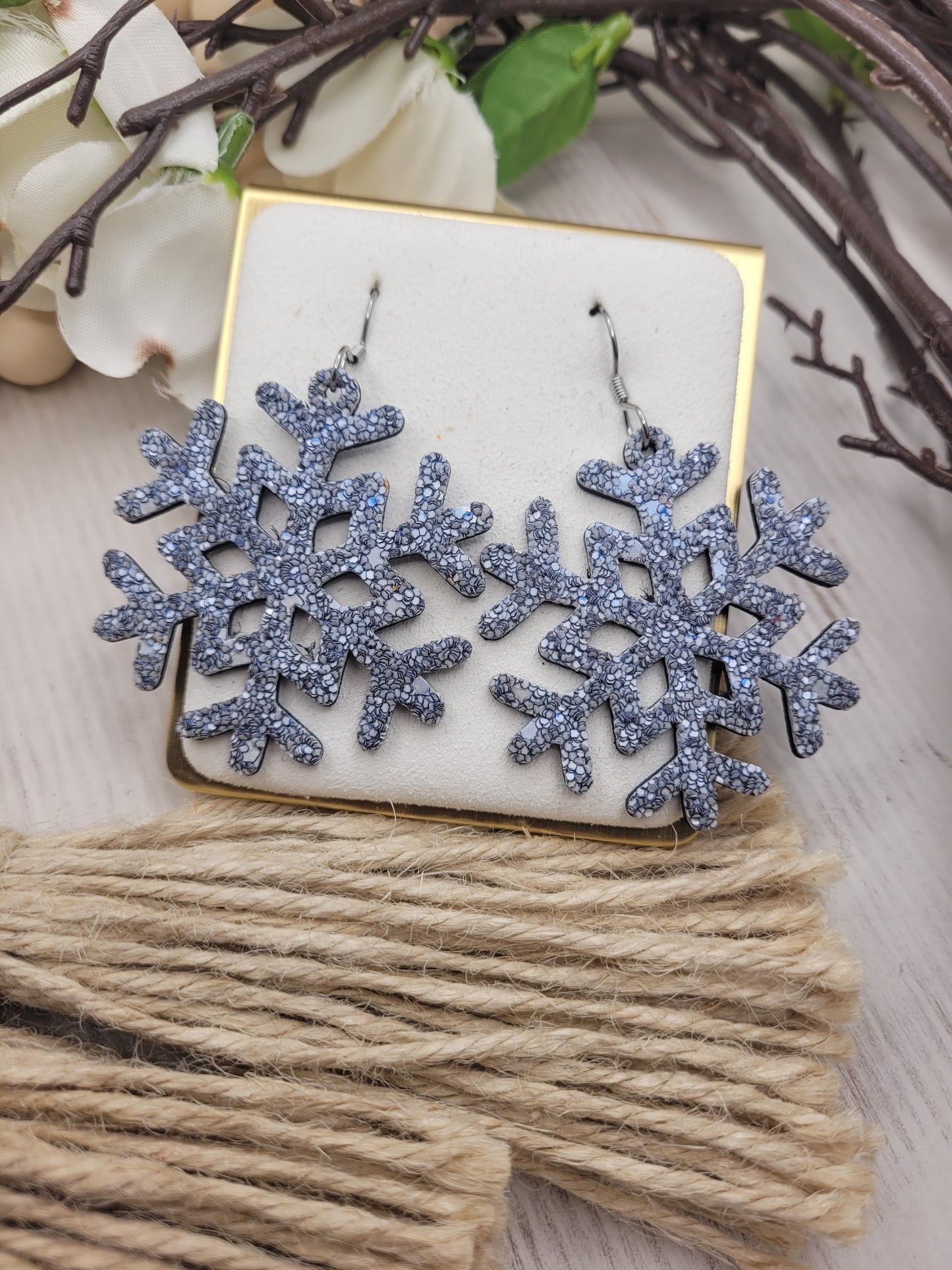 Glitter Snowflake Earrings backed with Genuine Leather