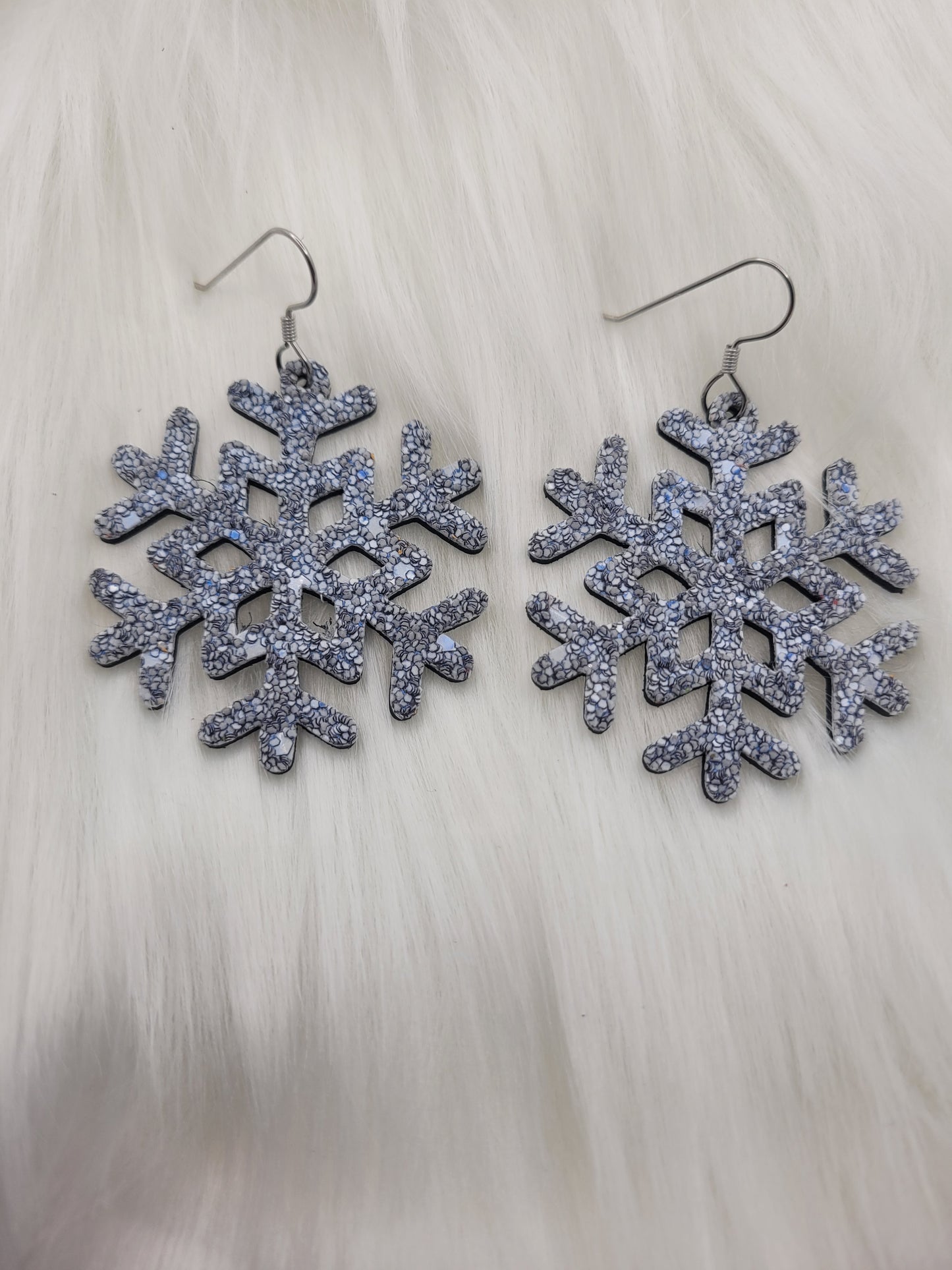 Glitter Snowflake Earrings backed with Genuine Leather