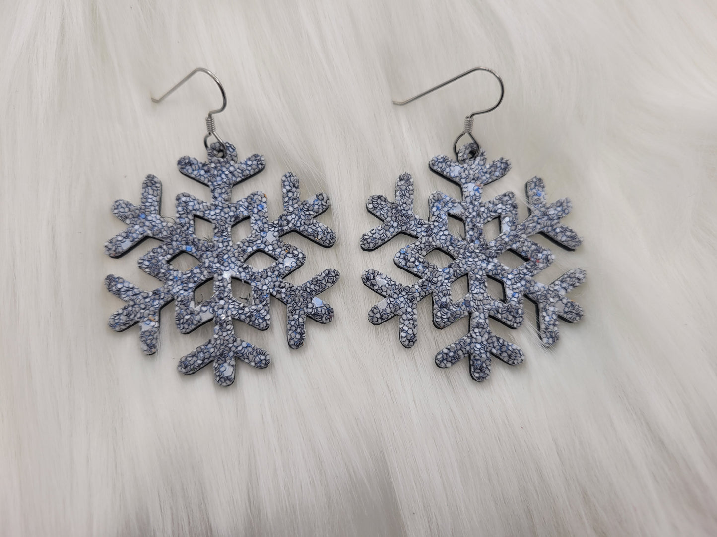 Glitter Snowflake Earrings backed with Genuine Leather