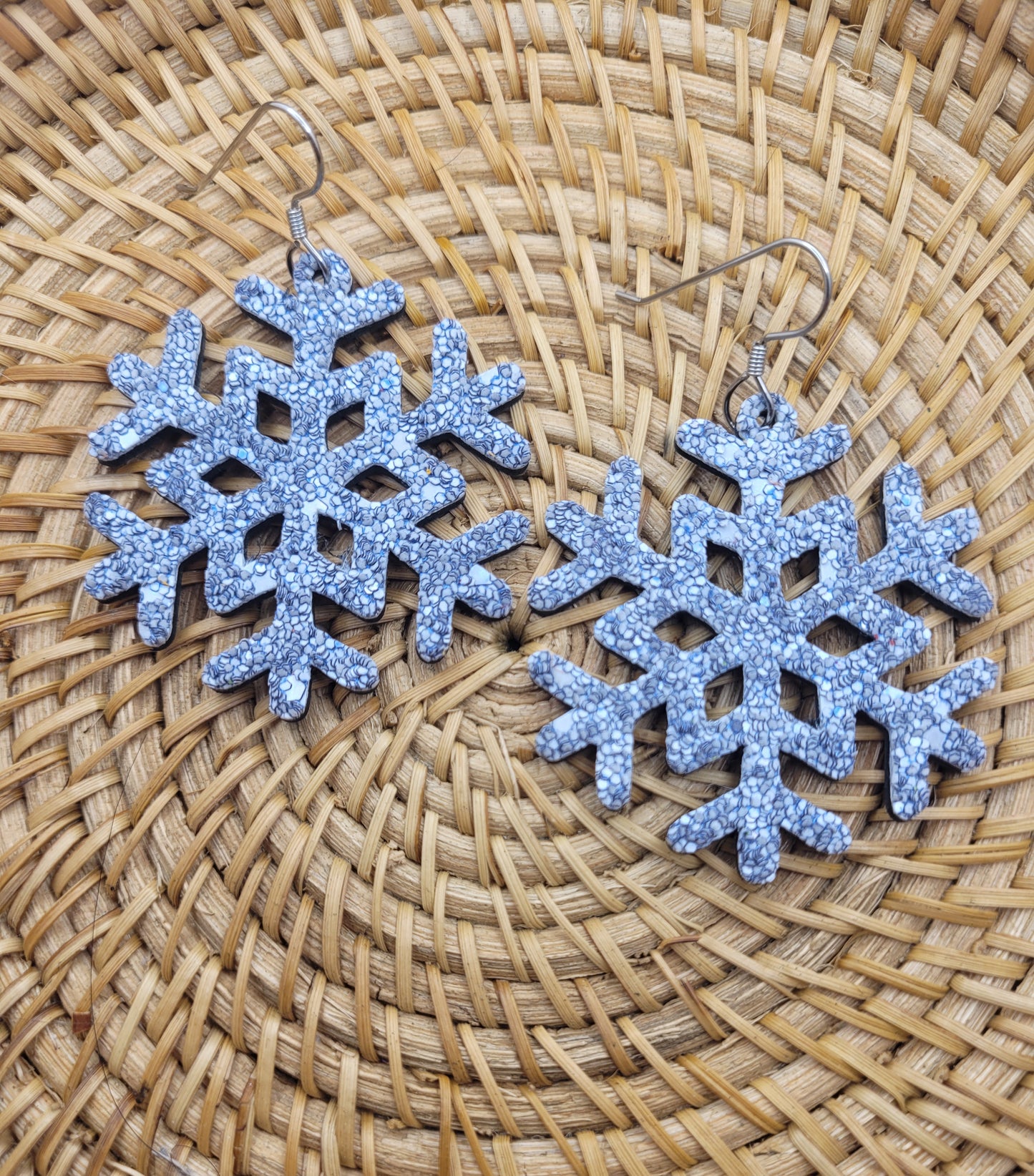 Glitter Snowflake Earrings backed with Genuine Leather