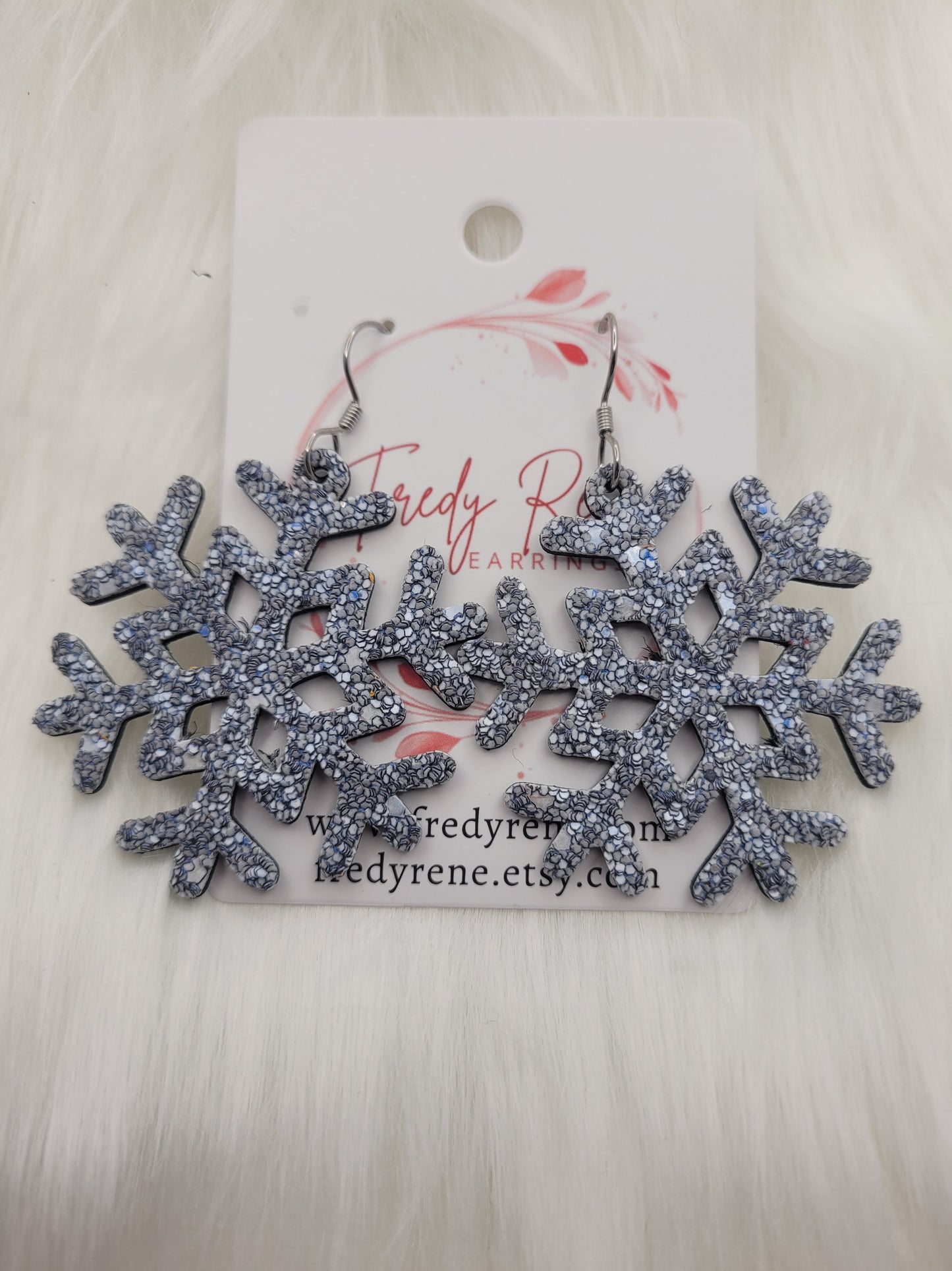 Glitter Snowflake Earrings backed with Genuine Leather