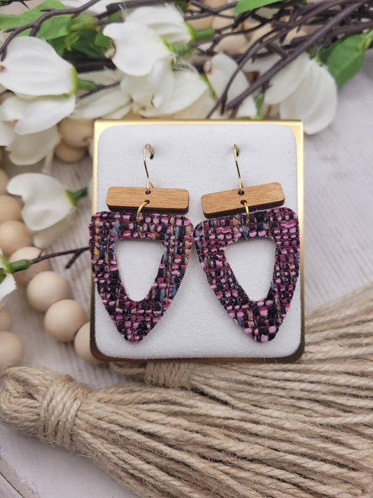 Pinky-Purple Tweed Backed with Genuine Leather Earrings