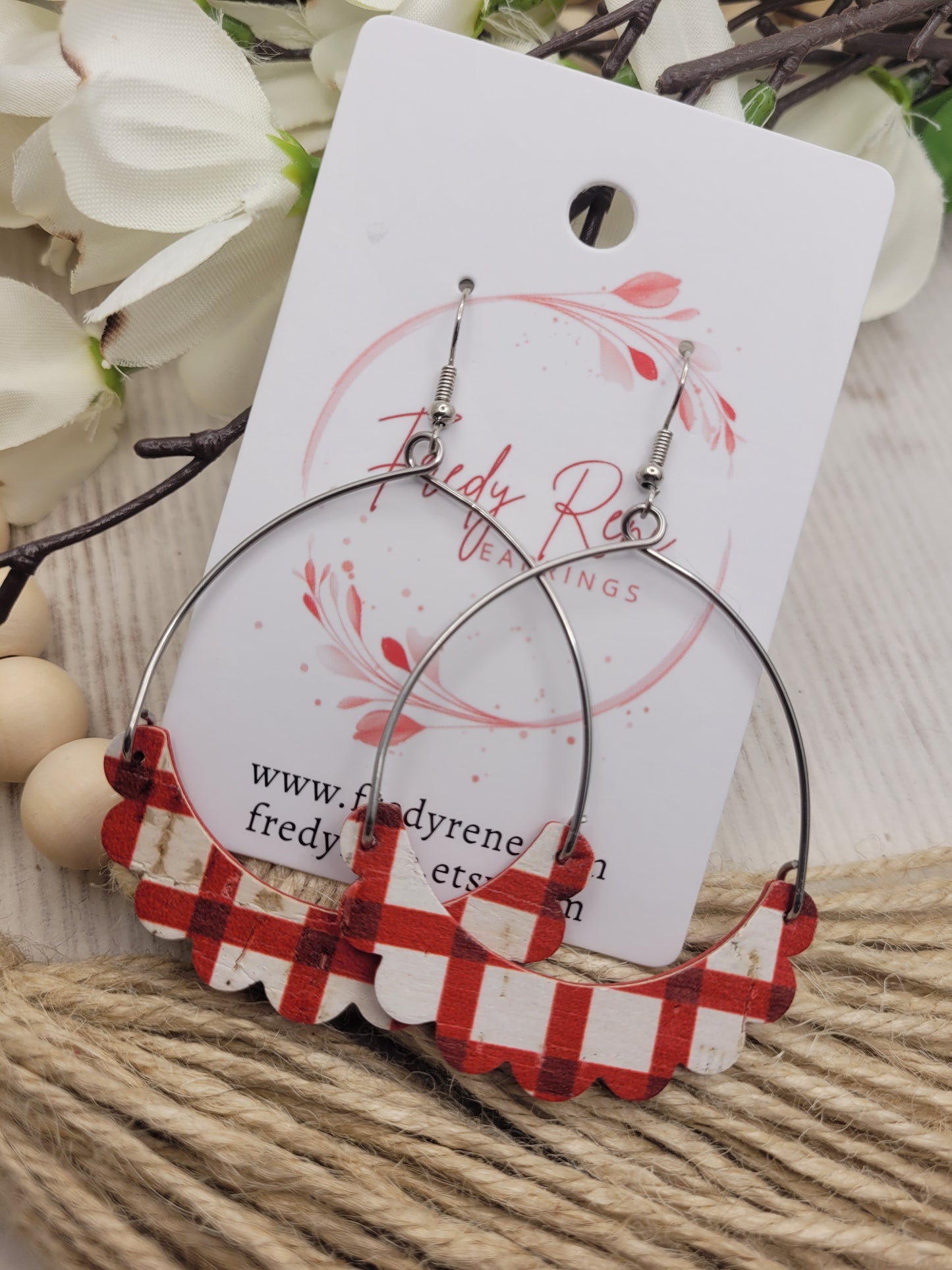 Red & White Cork on Genuine Leather Arch Earrings
