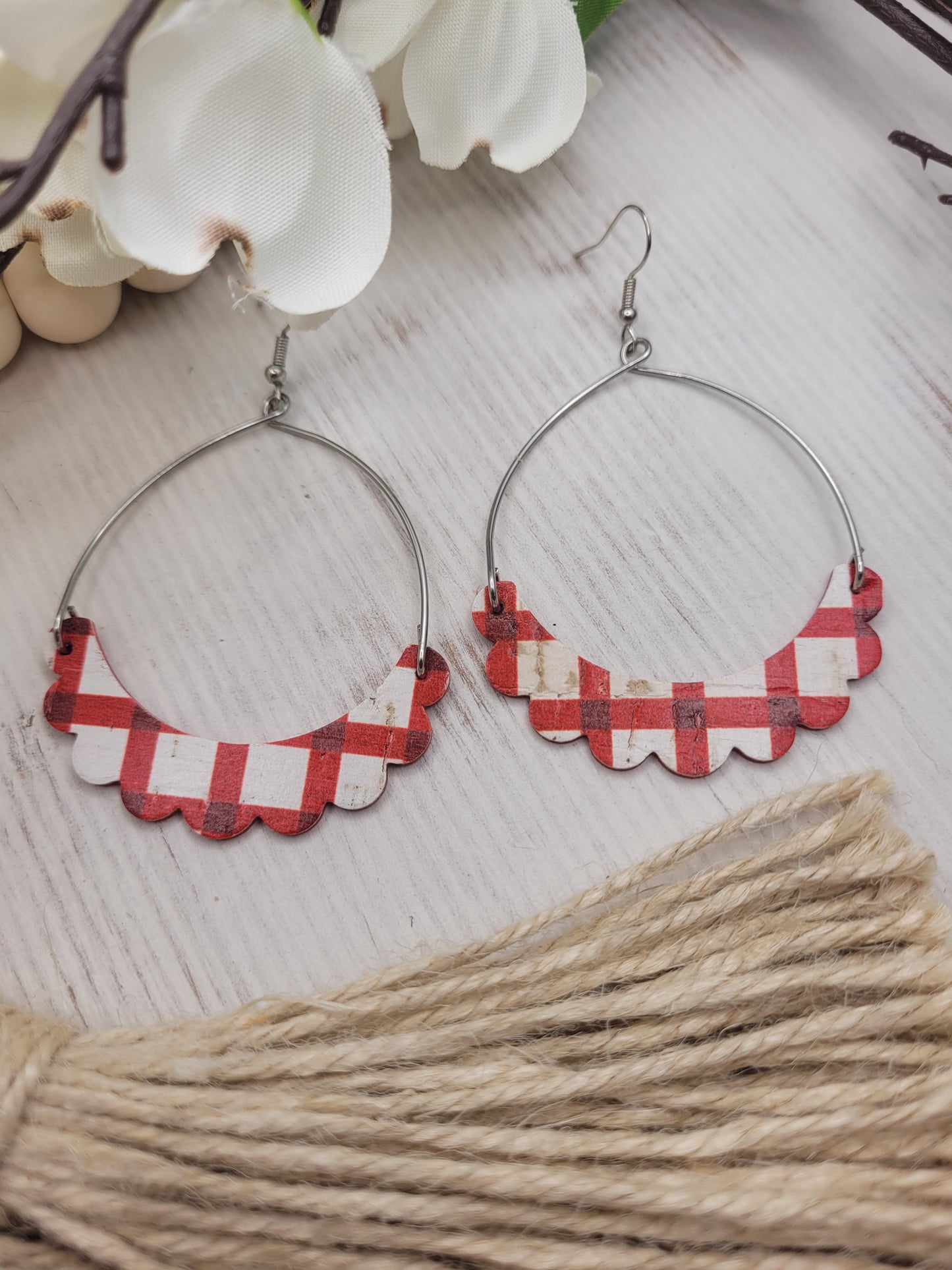 Red & White Cork on Genuine Leather Arch Earrings
