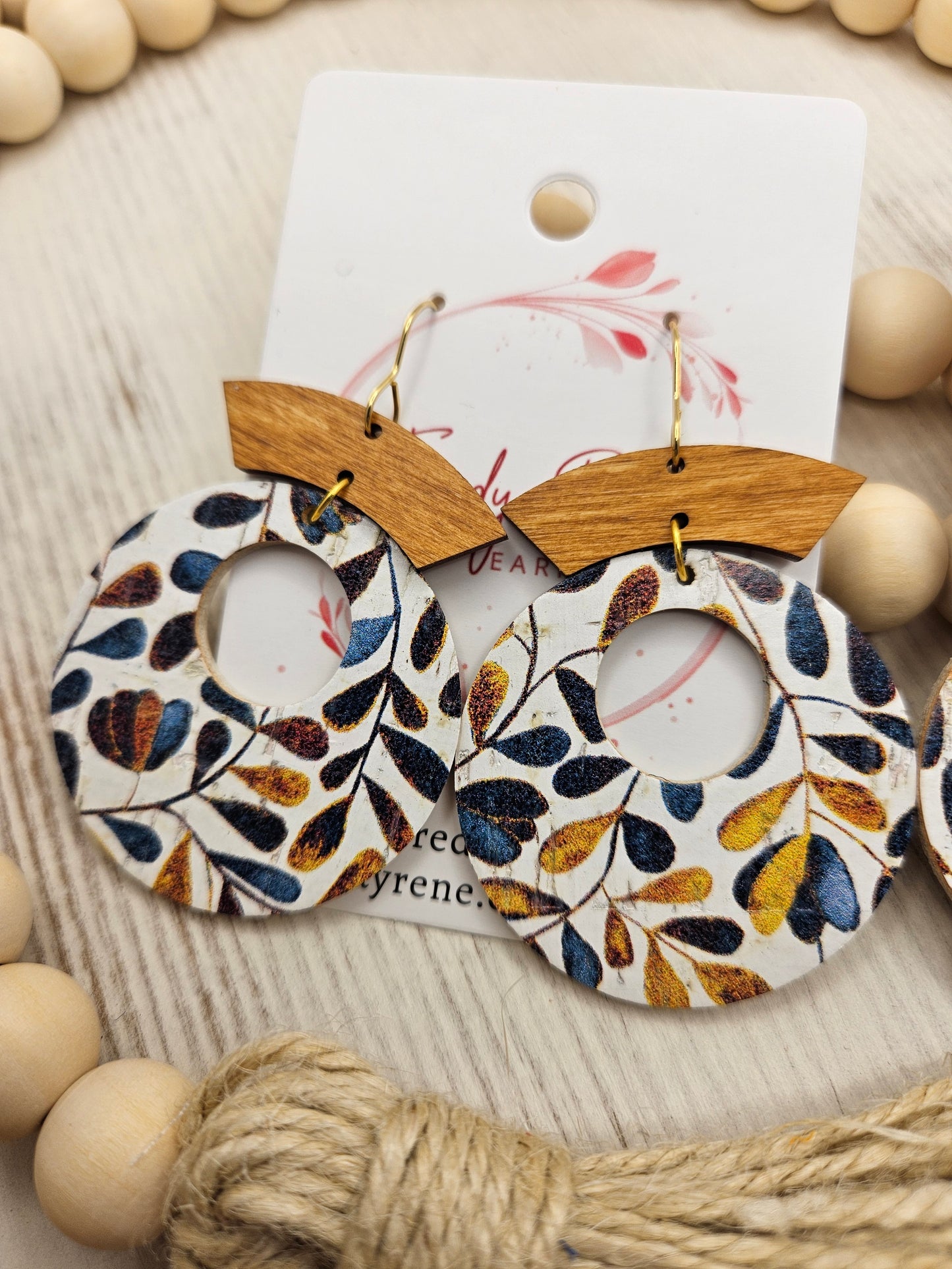 Wood and Cork on Leather Circle Earrings