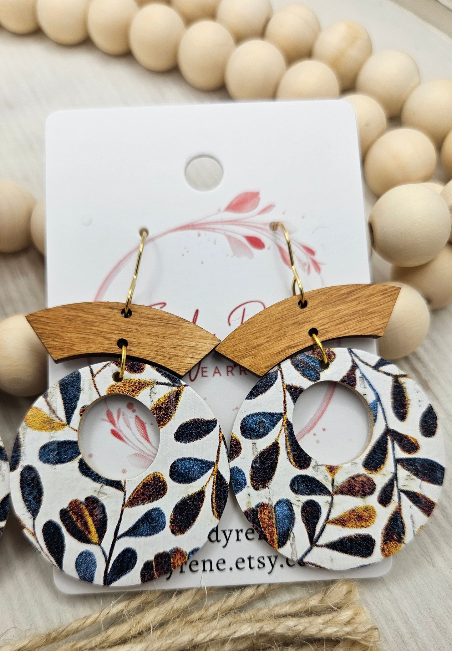 Wood and Cork on Leather Circle Earrings