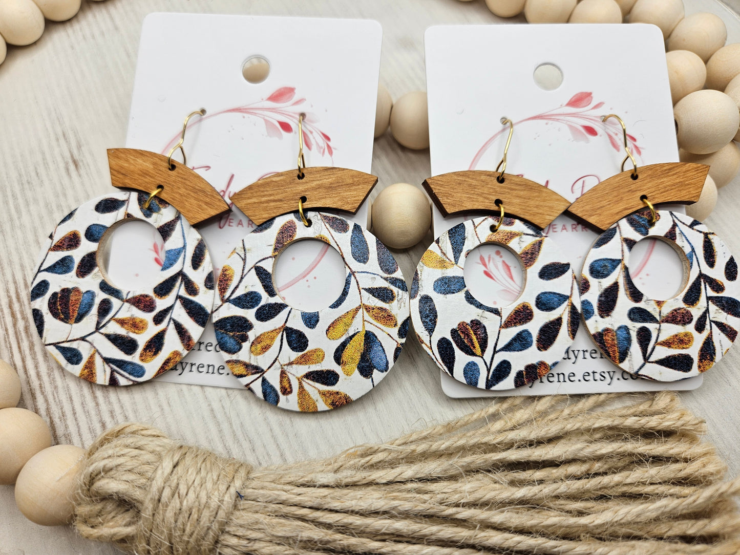 Wood and Cork on Leather Circle Earrings