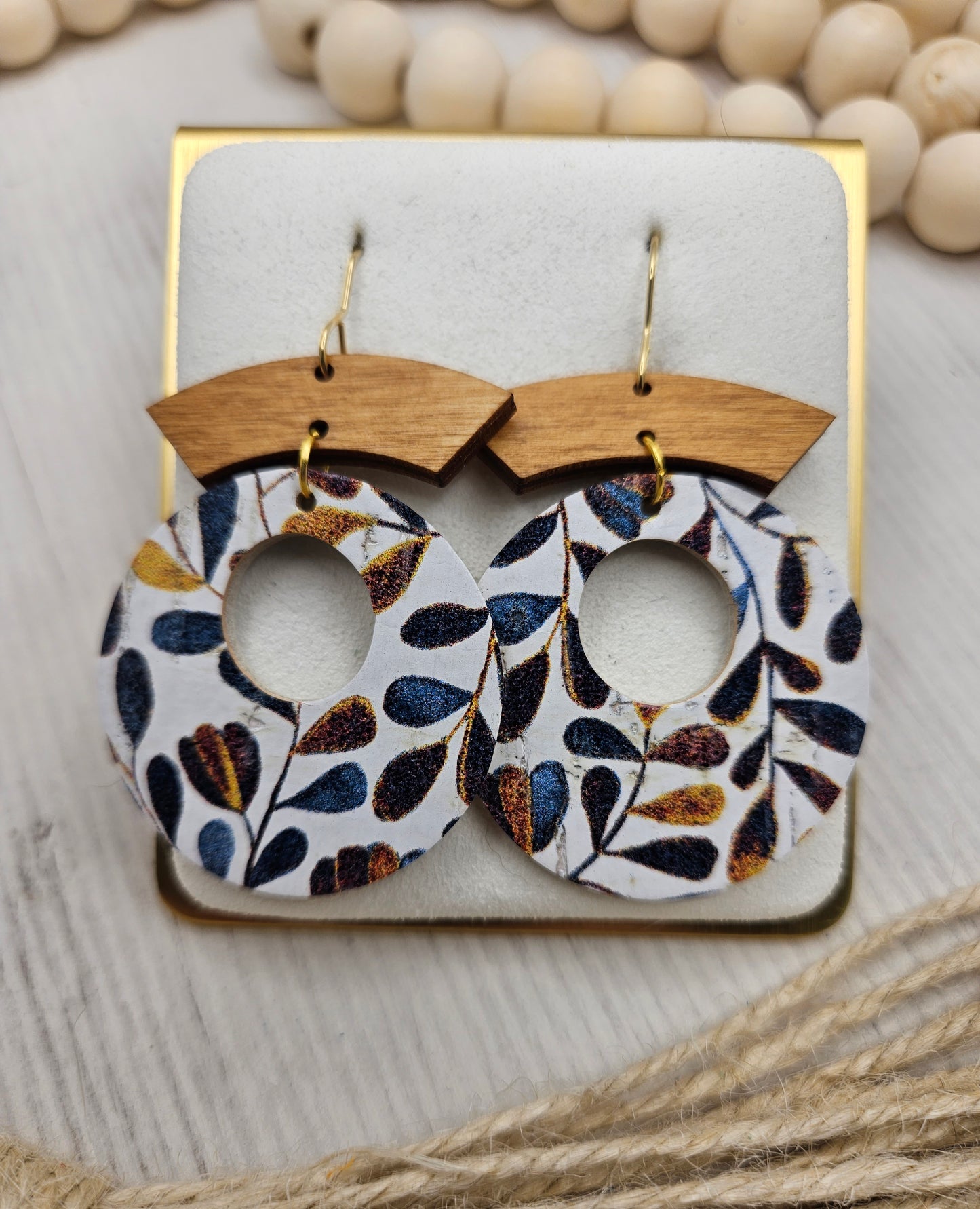 Wood and Cork on Leather Circle Earrings