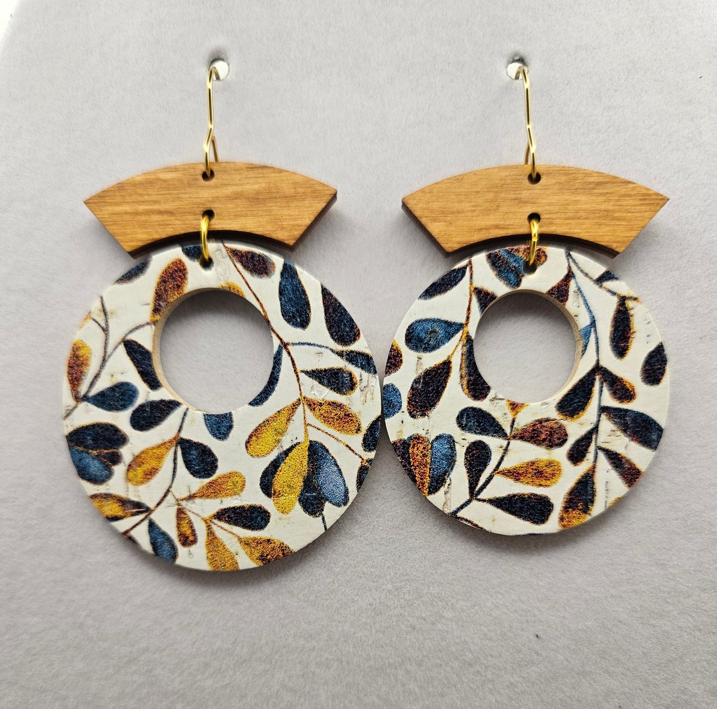 Wood and Cork on Leather Circle Earrings