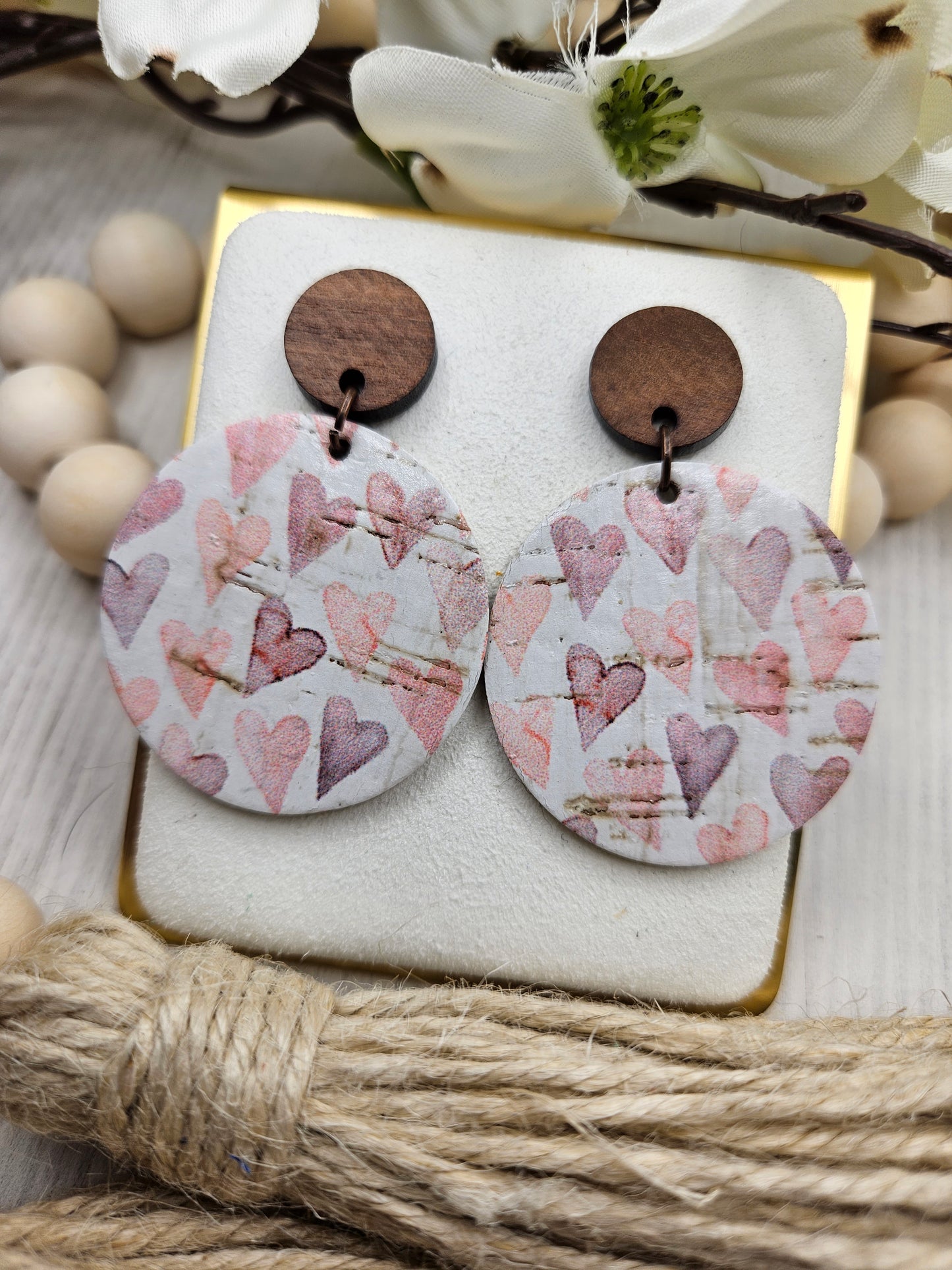 Heart Cork on Leather Earrings with Wooden Studs